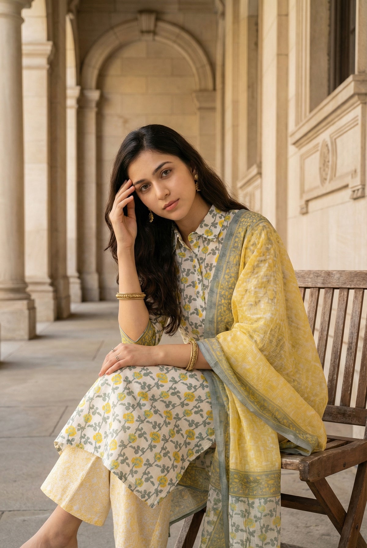 Off White  Floral Print Cotton Kurta Set With Dupatta