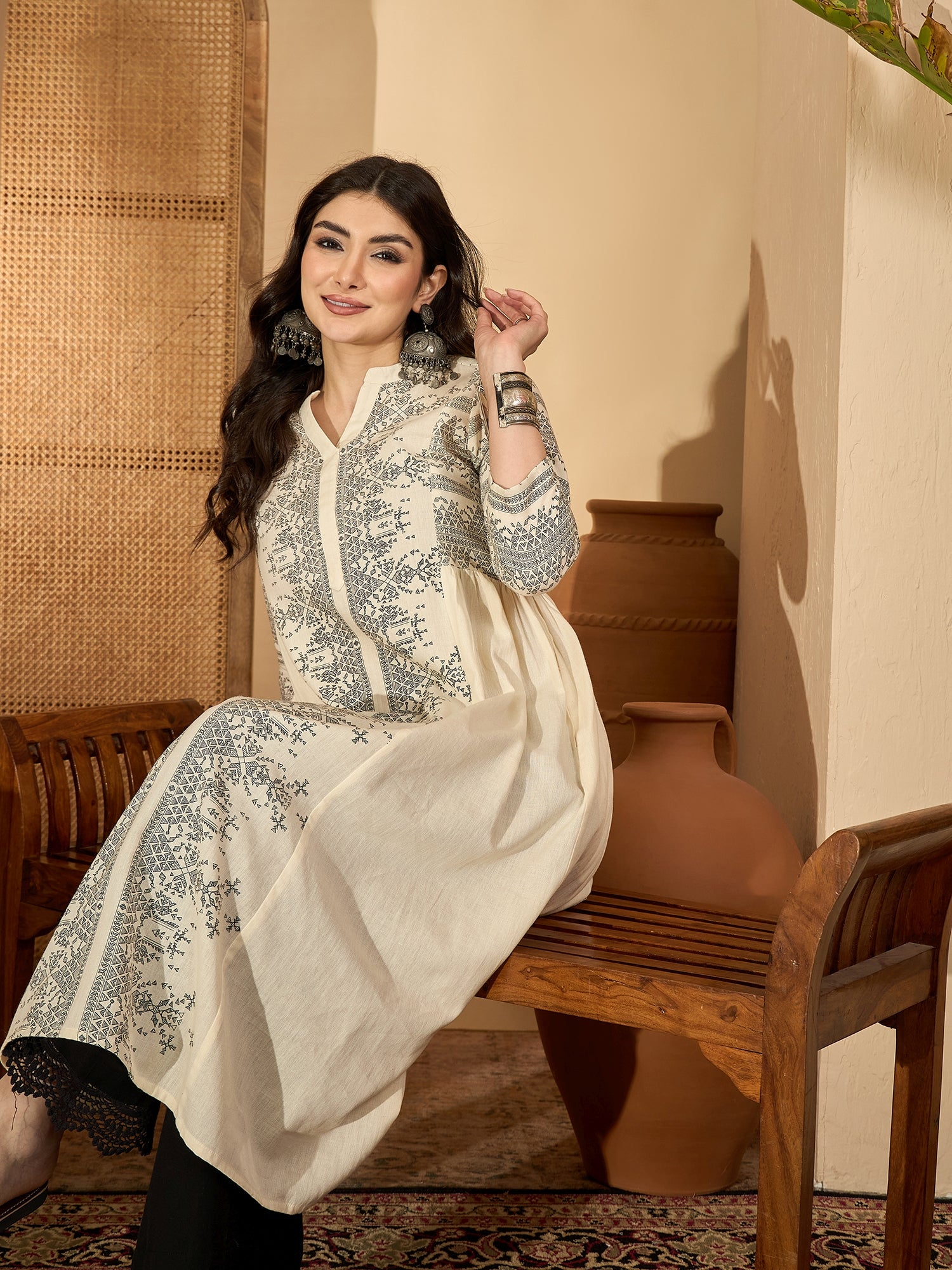 Off White Printed Mandarin Collar Pure Cotton Kurta Set for Women