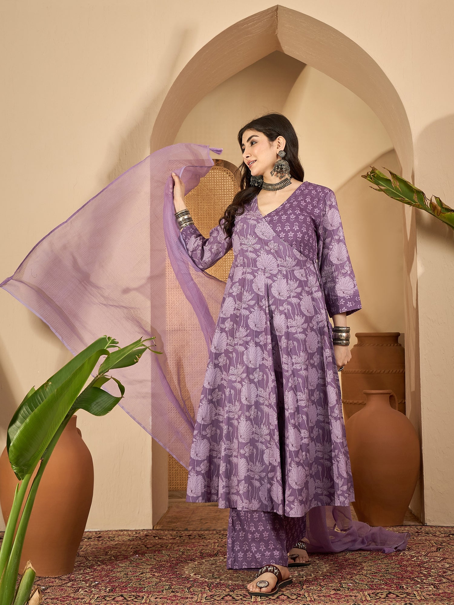 Purple Printed V-Neck Pure Cotton Kurta Set for Women