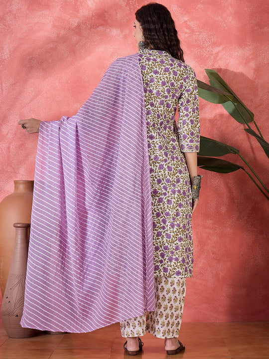 Off White Pure Cotton Mandarin Collar Floral Kurta Set for Women