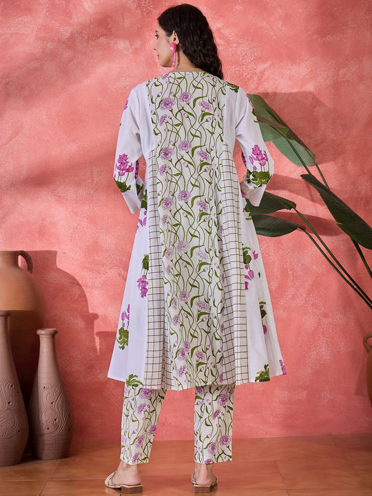 Off White Pure Cotton Round Neck Floral Kurta Set for Women