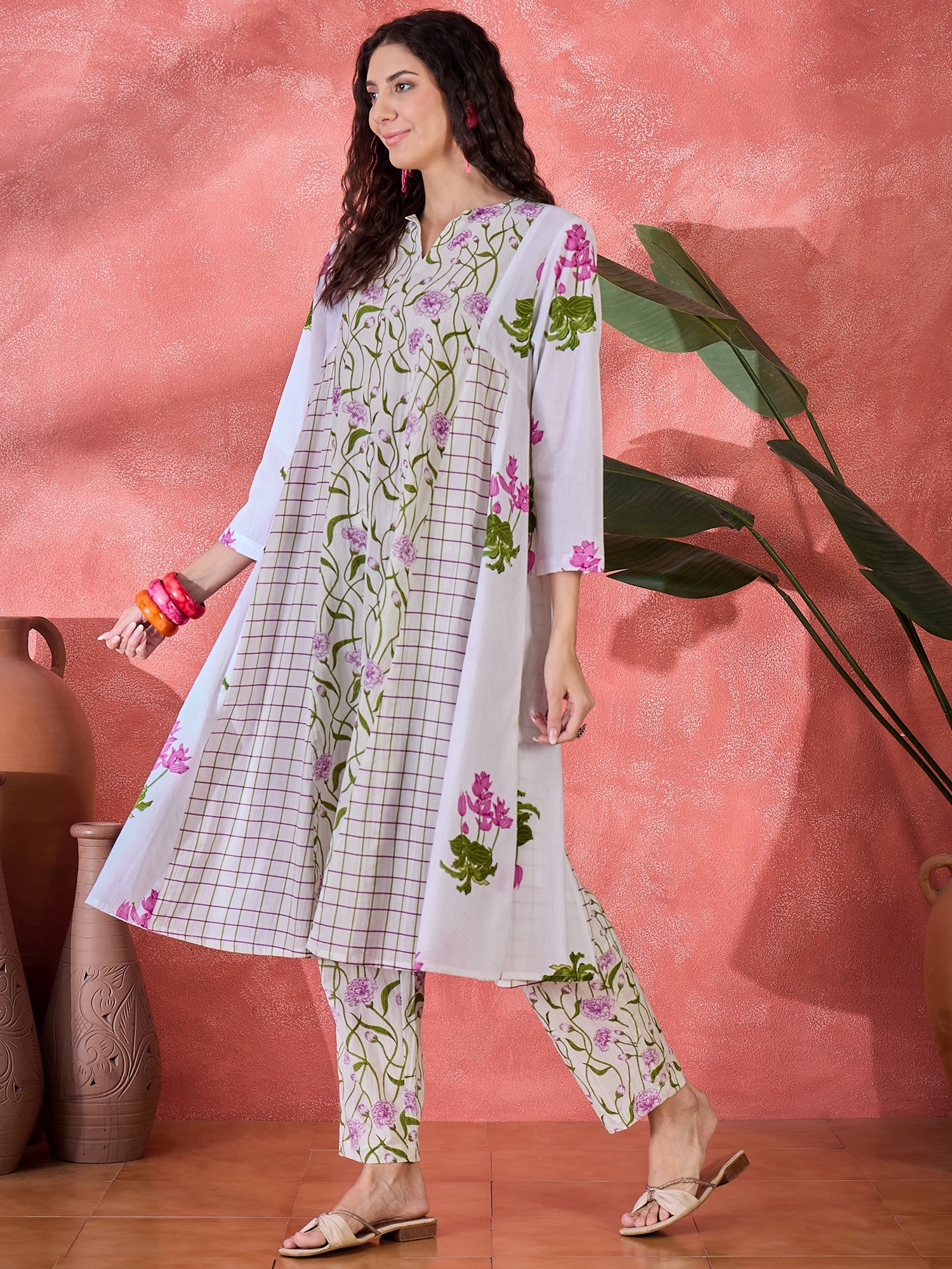 Off White Pure Cotton Round Neck Floral Kurta Set for Women