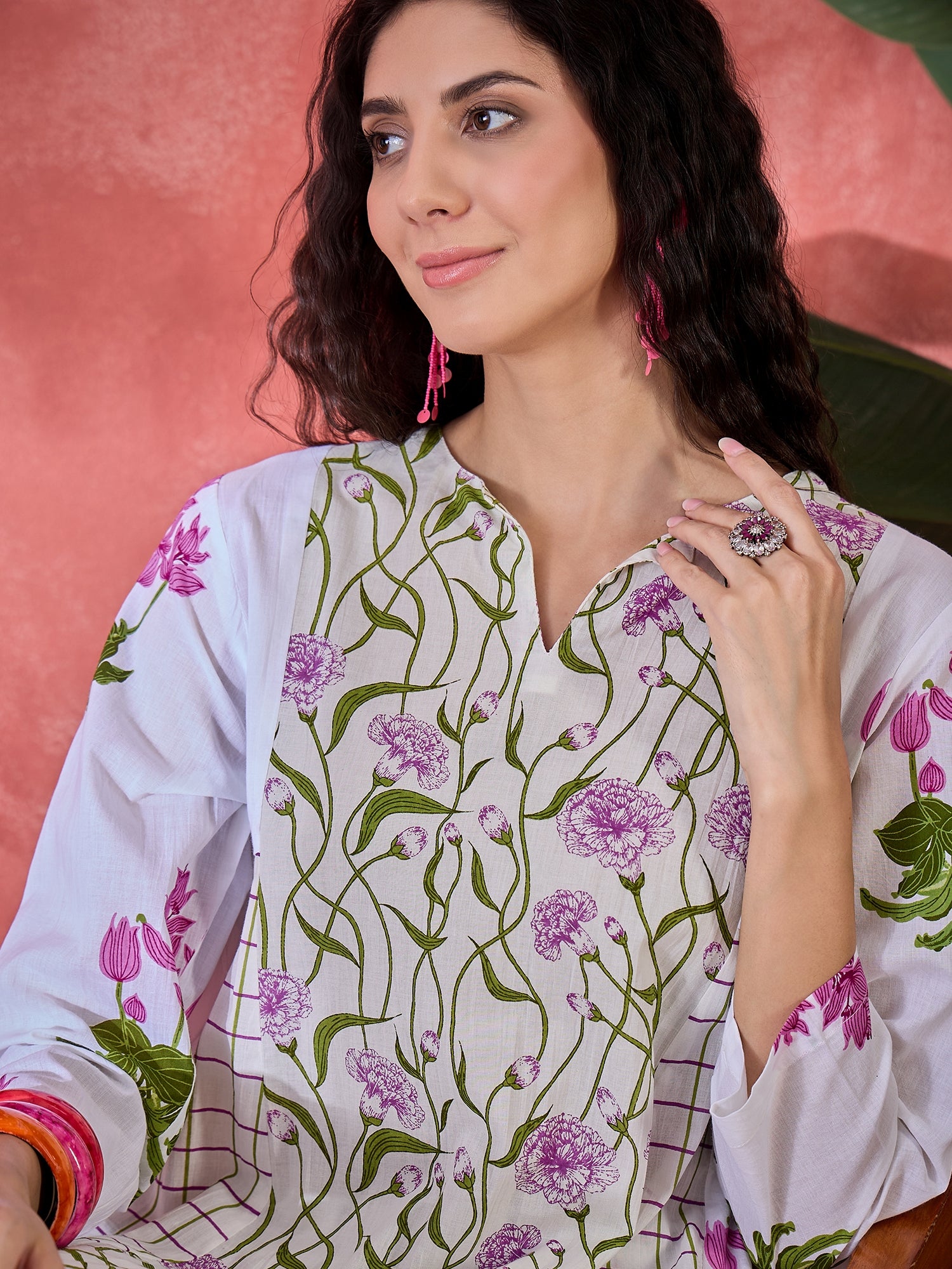 Off White Pure Cotton Round Neck Floral Kurta Set for Women