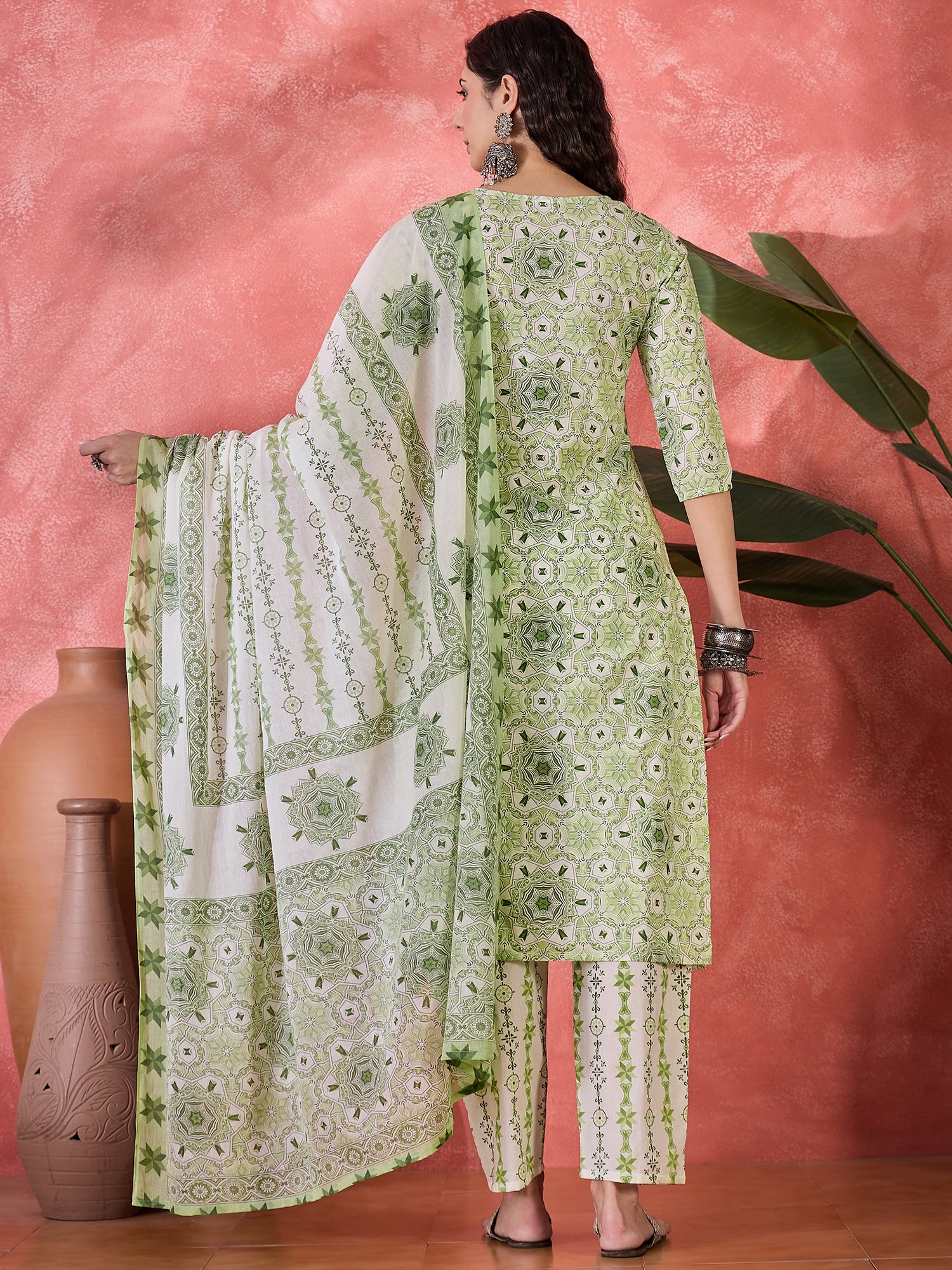 Green Pure Cotton Round Neck Floral Kurta Set for Women