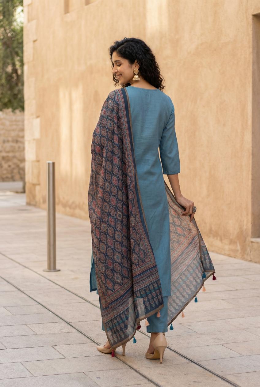 Blue Round Neck Cotton Flex Kurta Set For Women