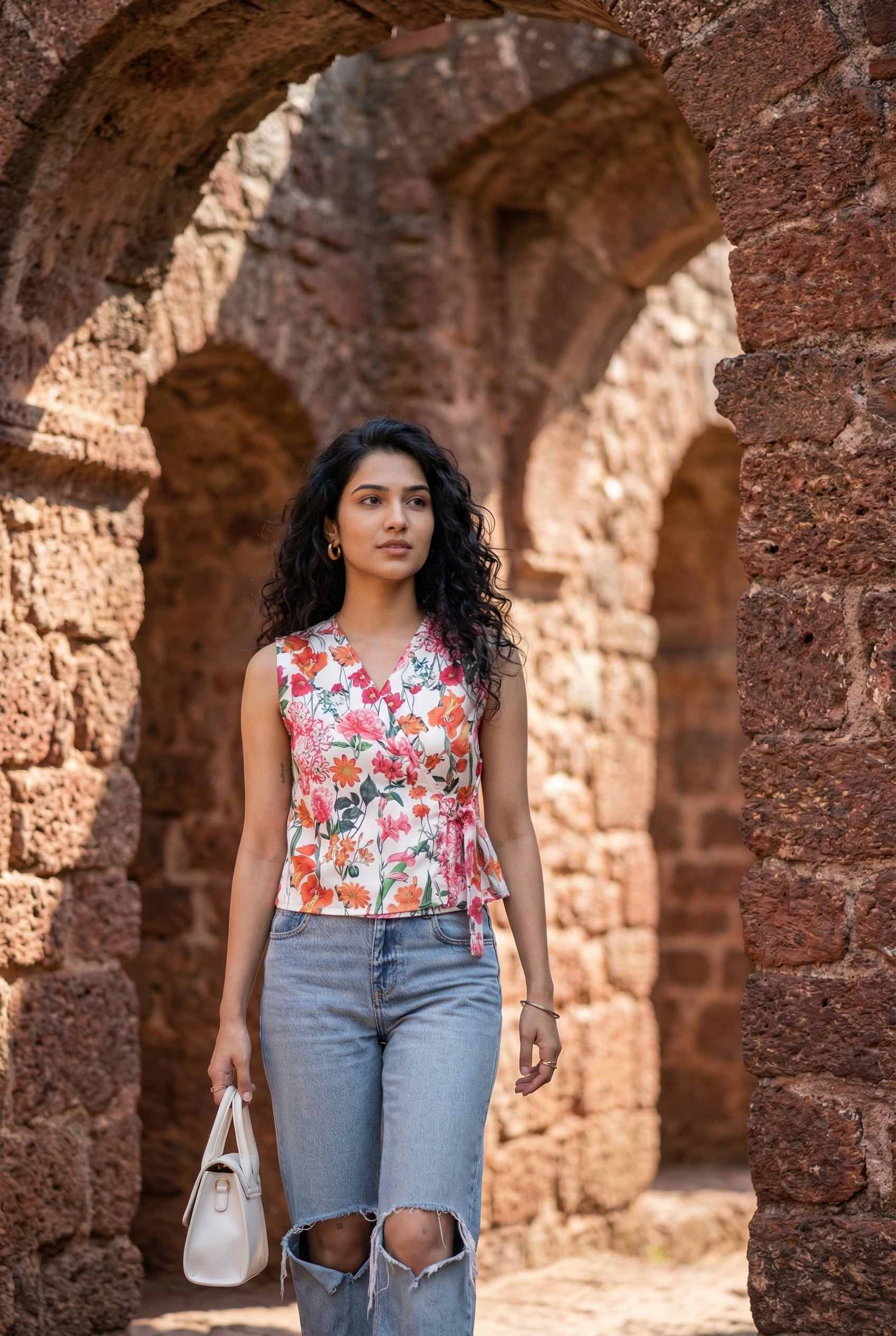 White Floral Printed Wrap Top For Women