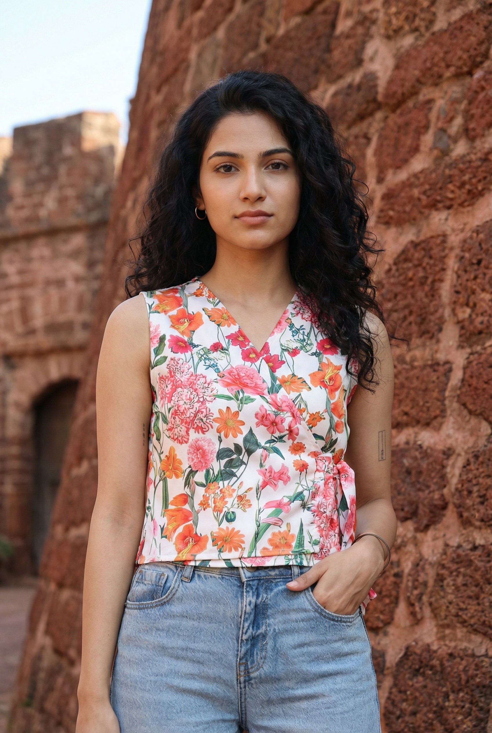 White Floral Printed Wrap Top For Women