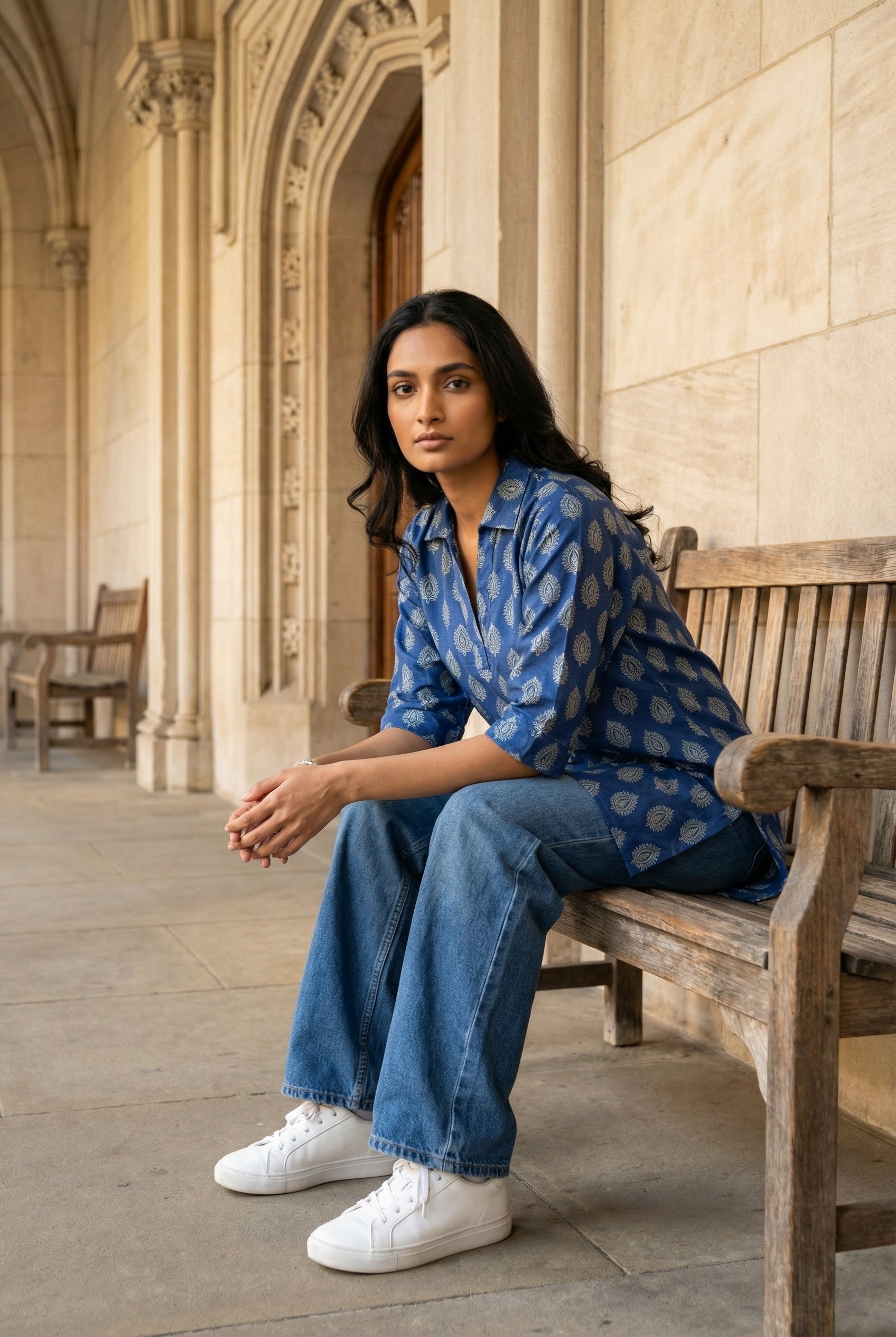 Blue Shirt Collar Floral Print Cotton Top For Women