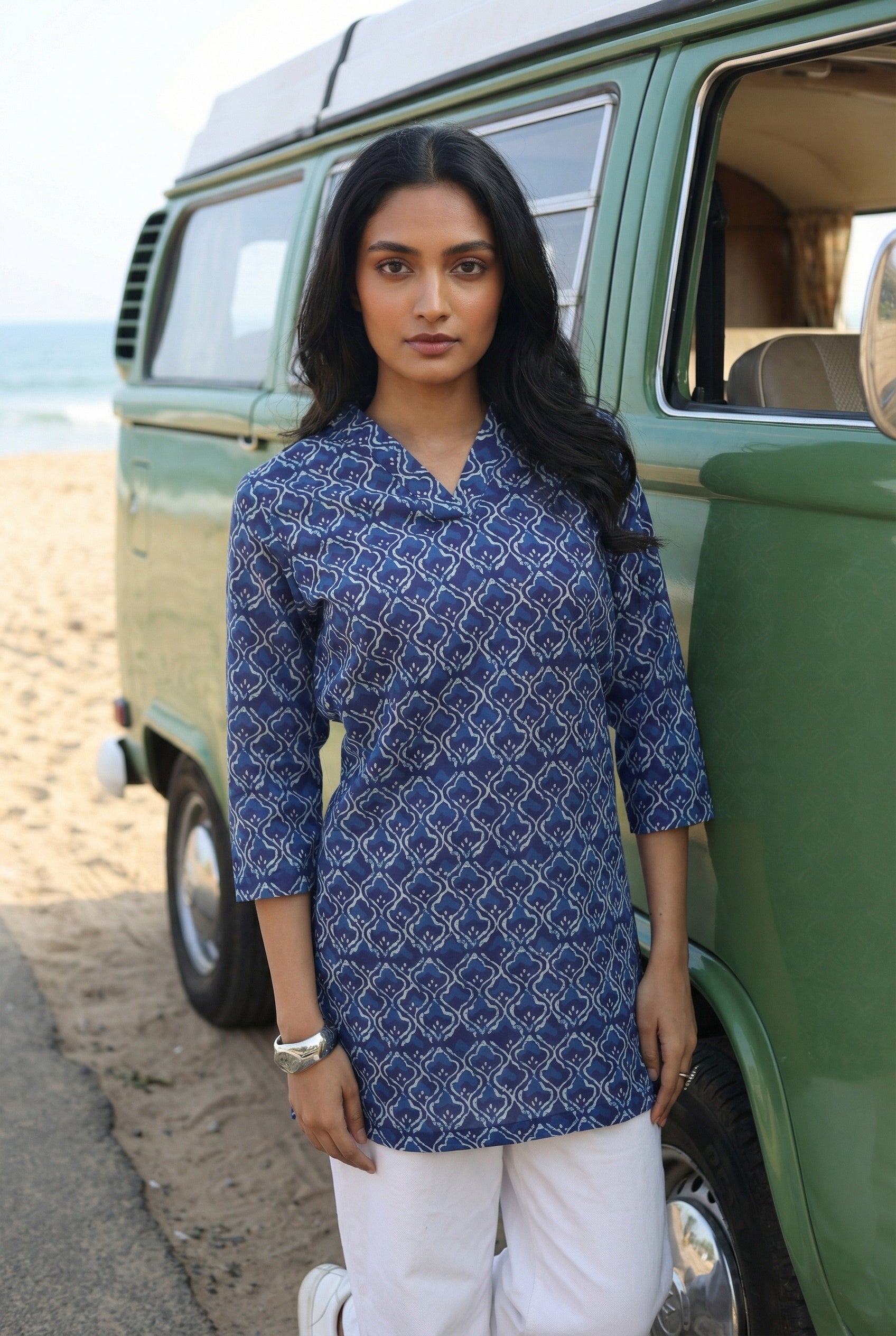 Blue V-Neck Geometric Print Cotton Top For Women
