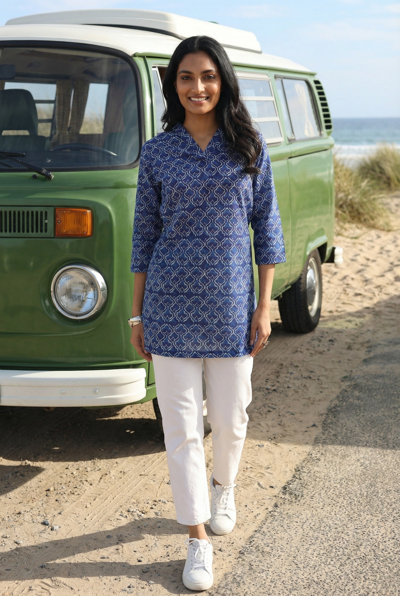 Blue V-Neck Geometric Print Cotton Top For Women