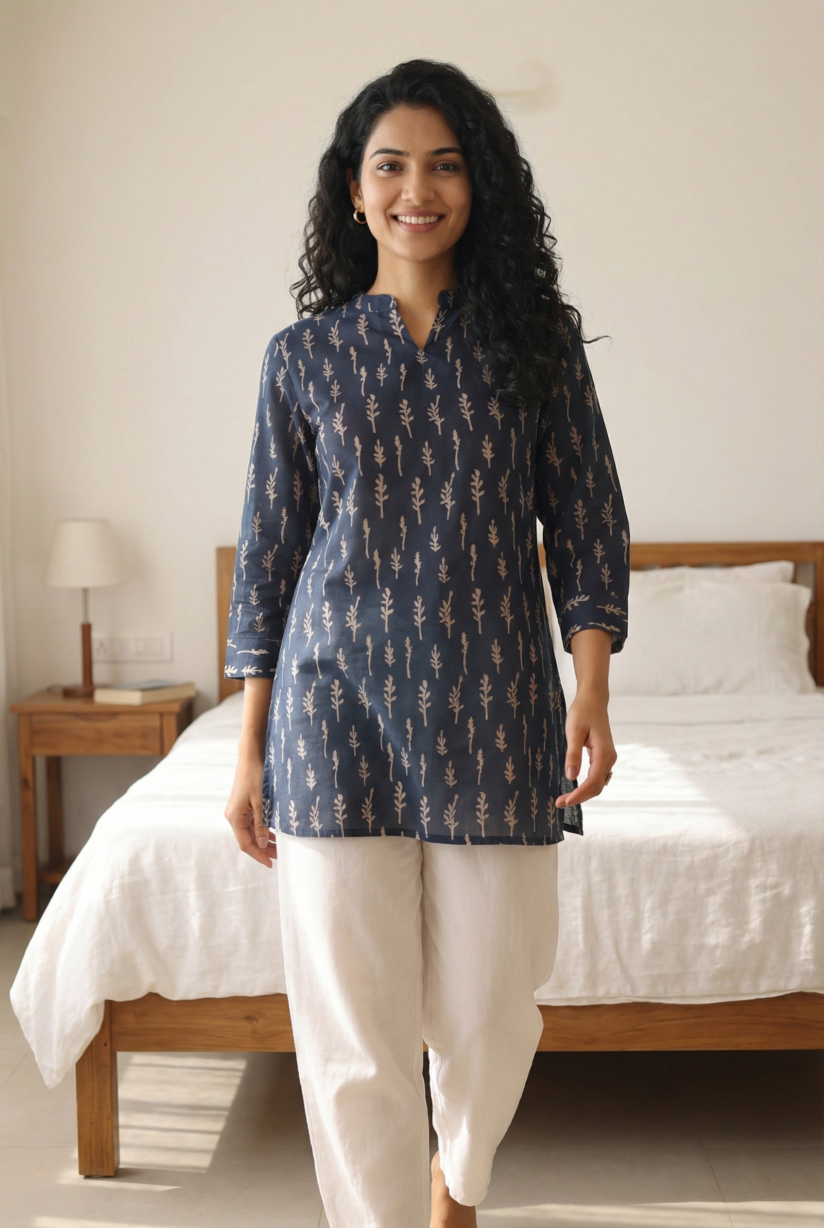 Blue Mandarin Collar Floral Print Cotton Top For Women