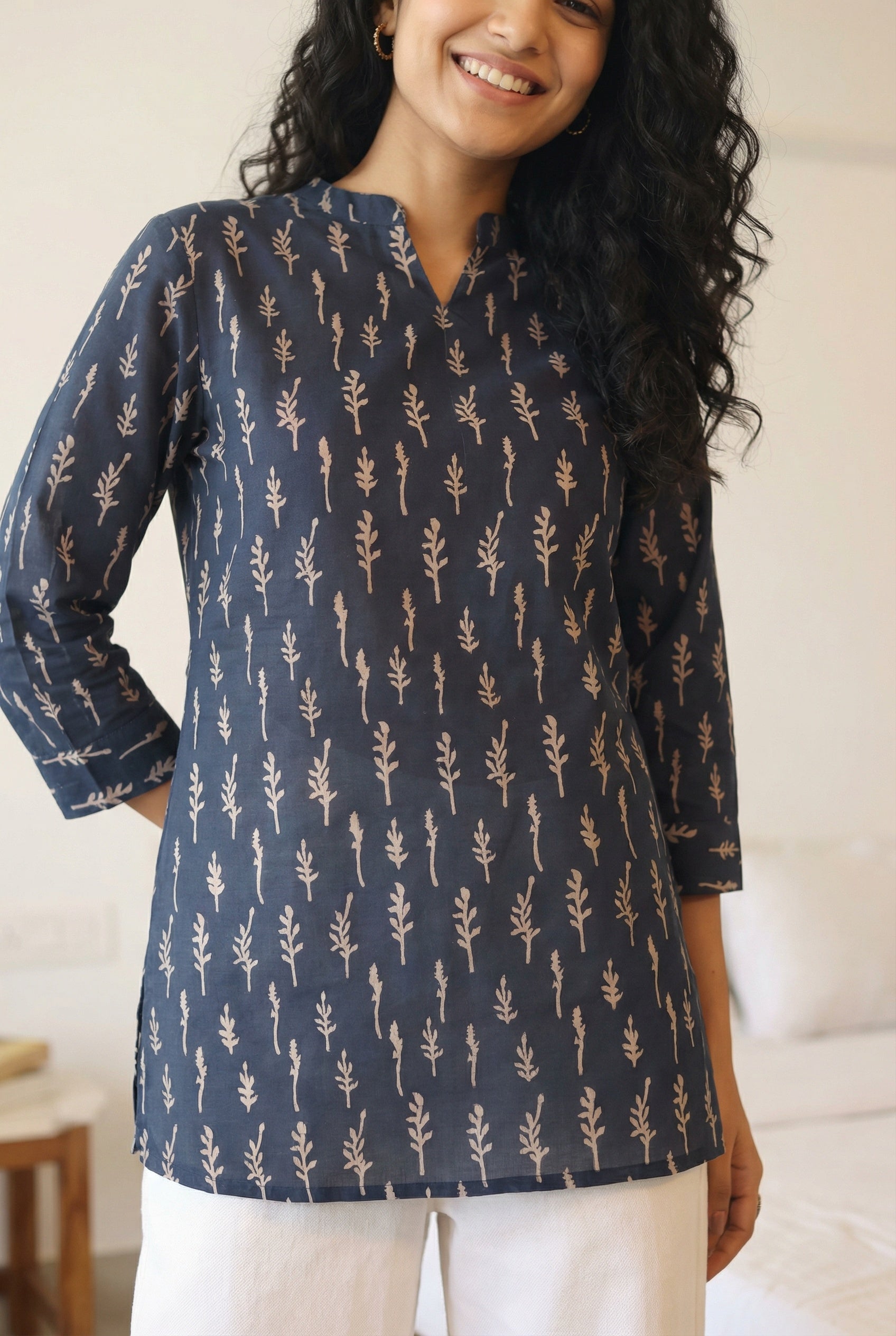 Blue Mandarin Collar Floral Print Cotton Top For Women