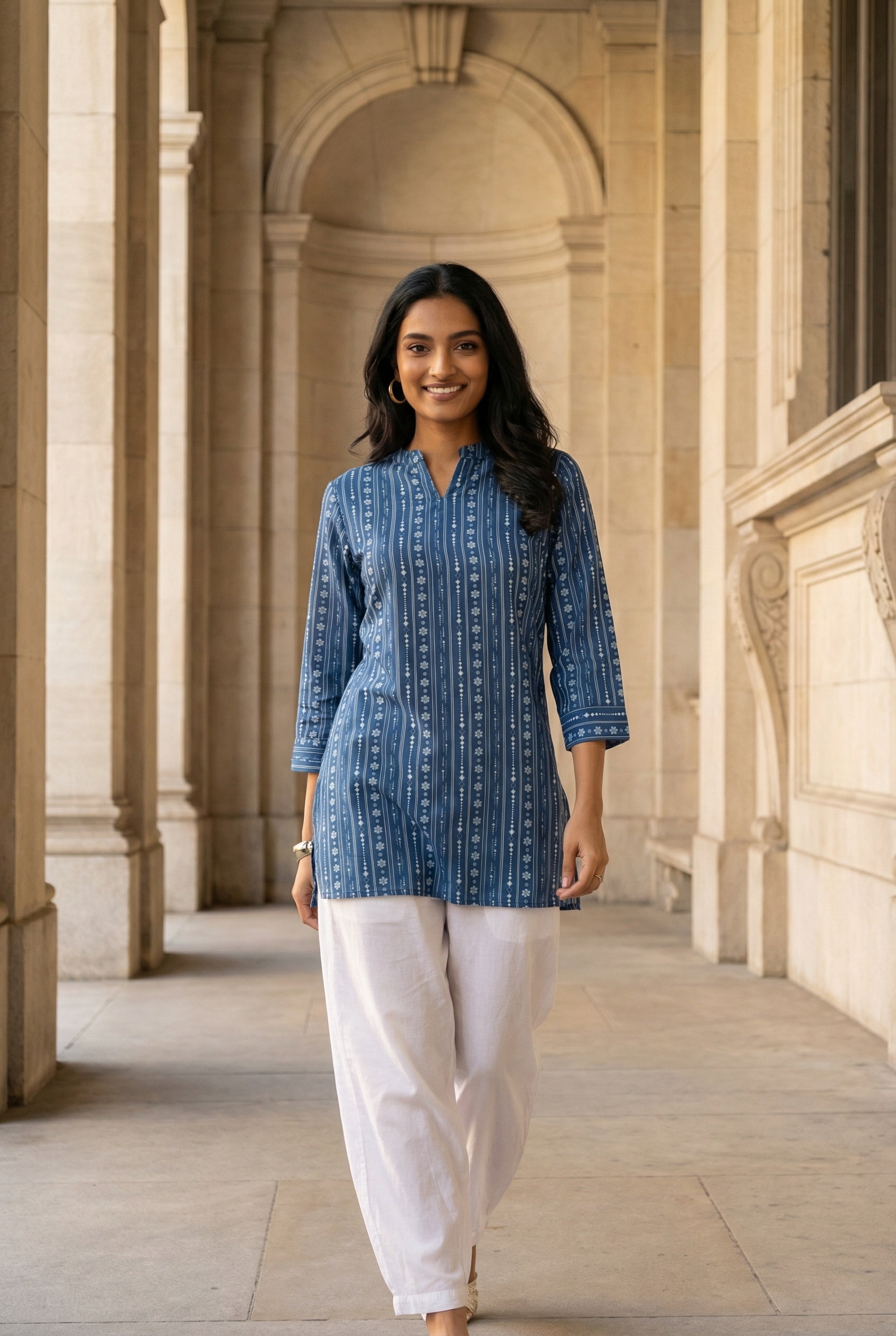 Blue Round Neck Floral Print Cotton Top For Women