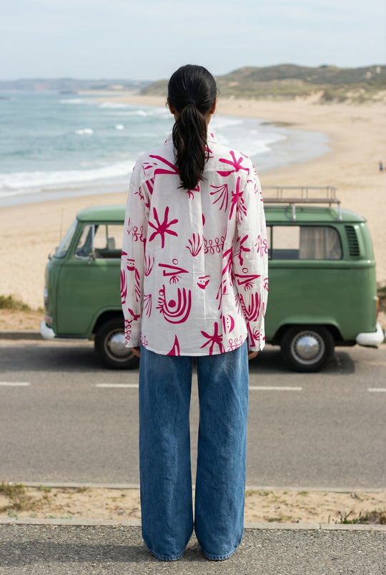 White Abstract Print Shirt Collar Cotton Top for Women