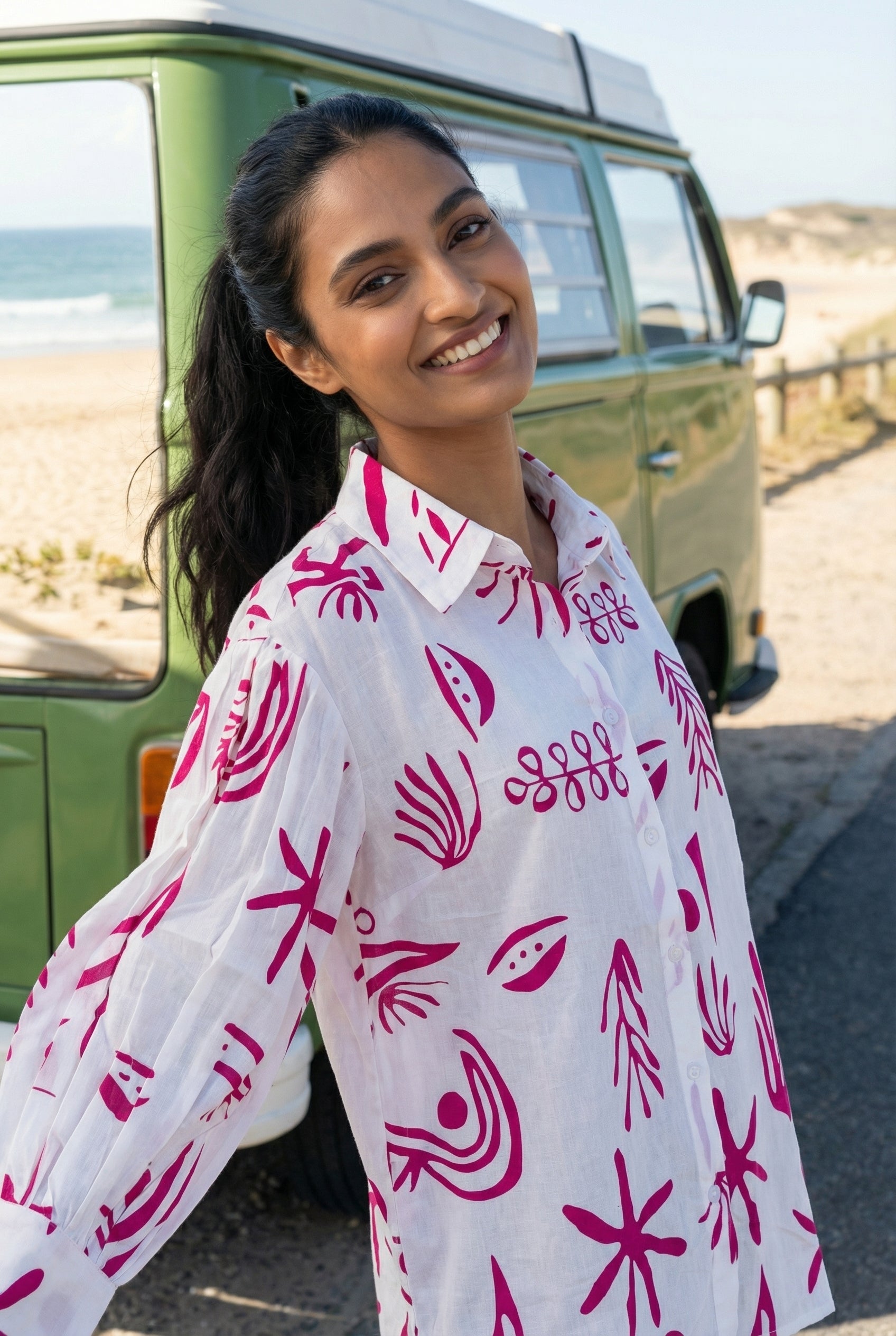 White Abstract Print Shirt Collar Cotton Top for Women