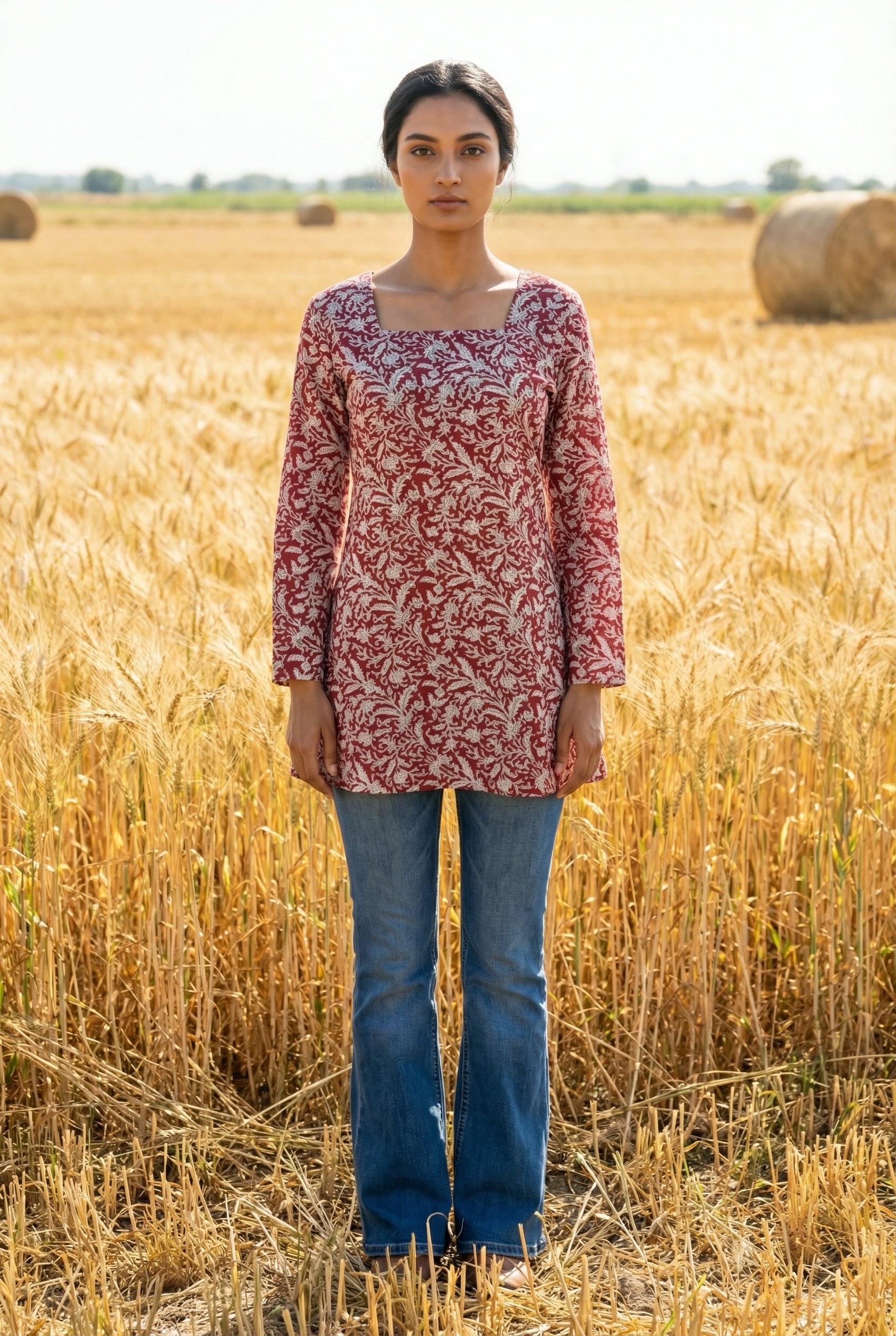 Red Floral Print Square Neck Full Sleeve Cotton Top for Women