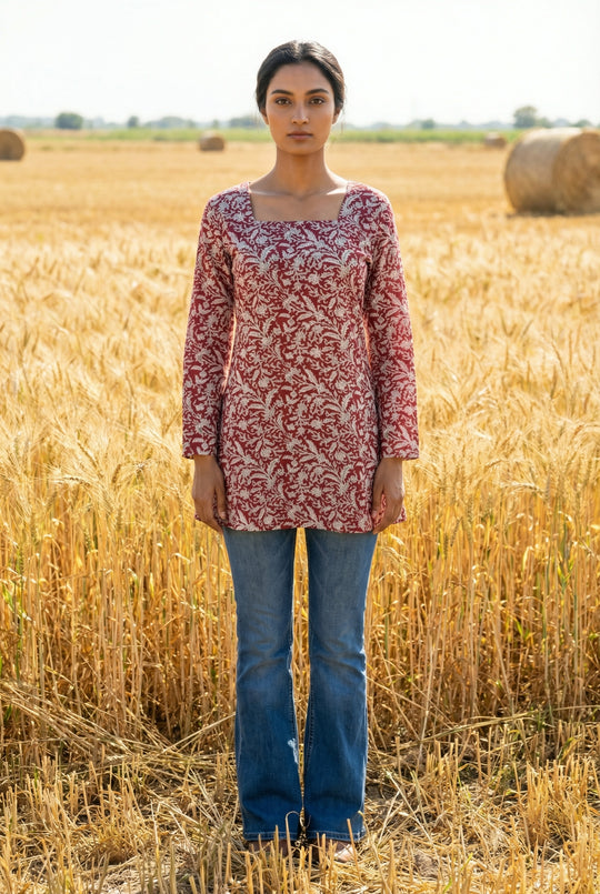 Red Floral Print Square Neck Full Sleeve Cotton Top for Women