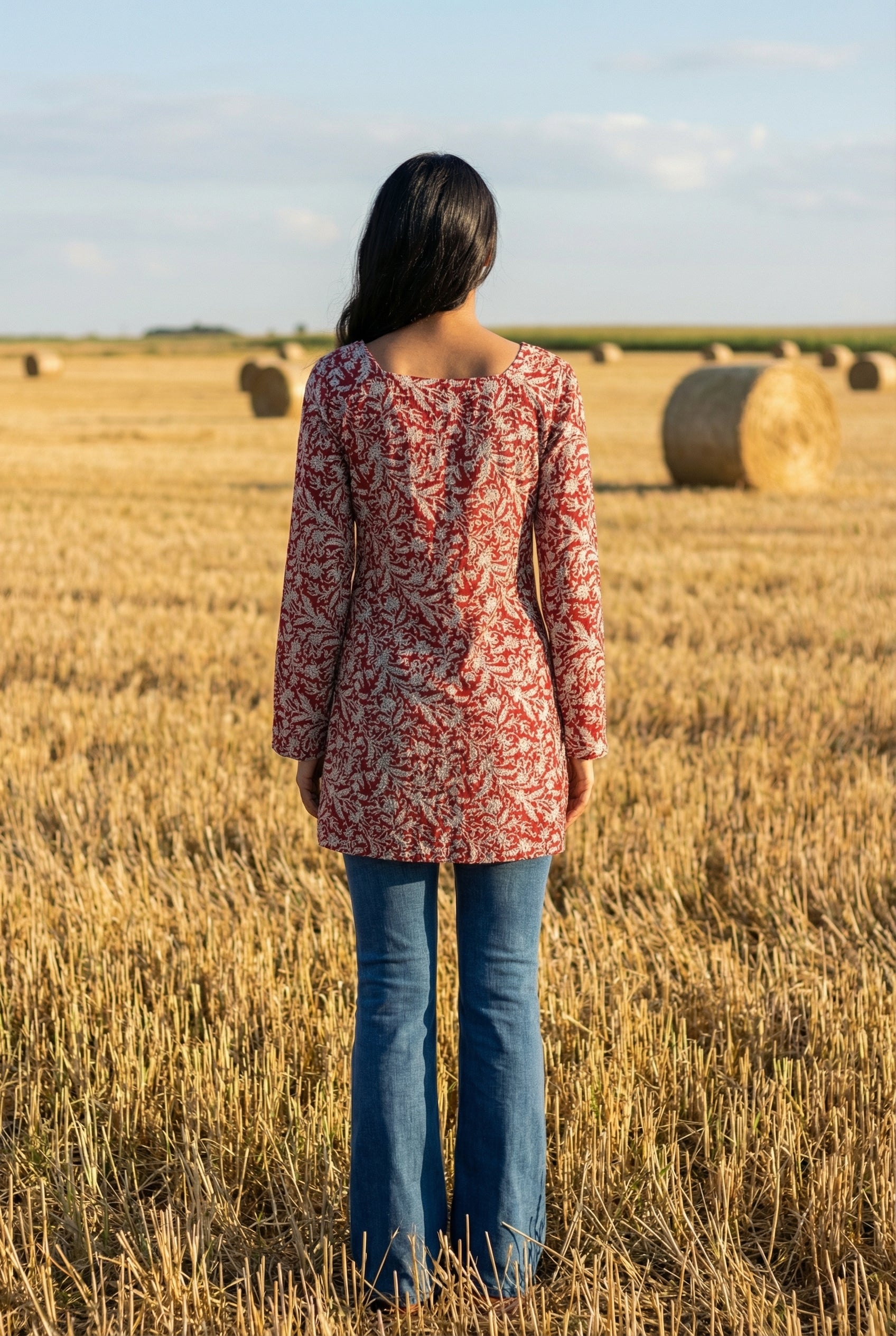 Red Floral Print Square Neck Full Sleeve Cotton Top for Women