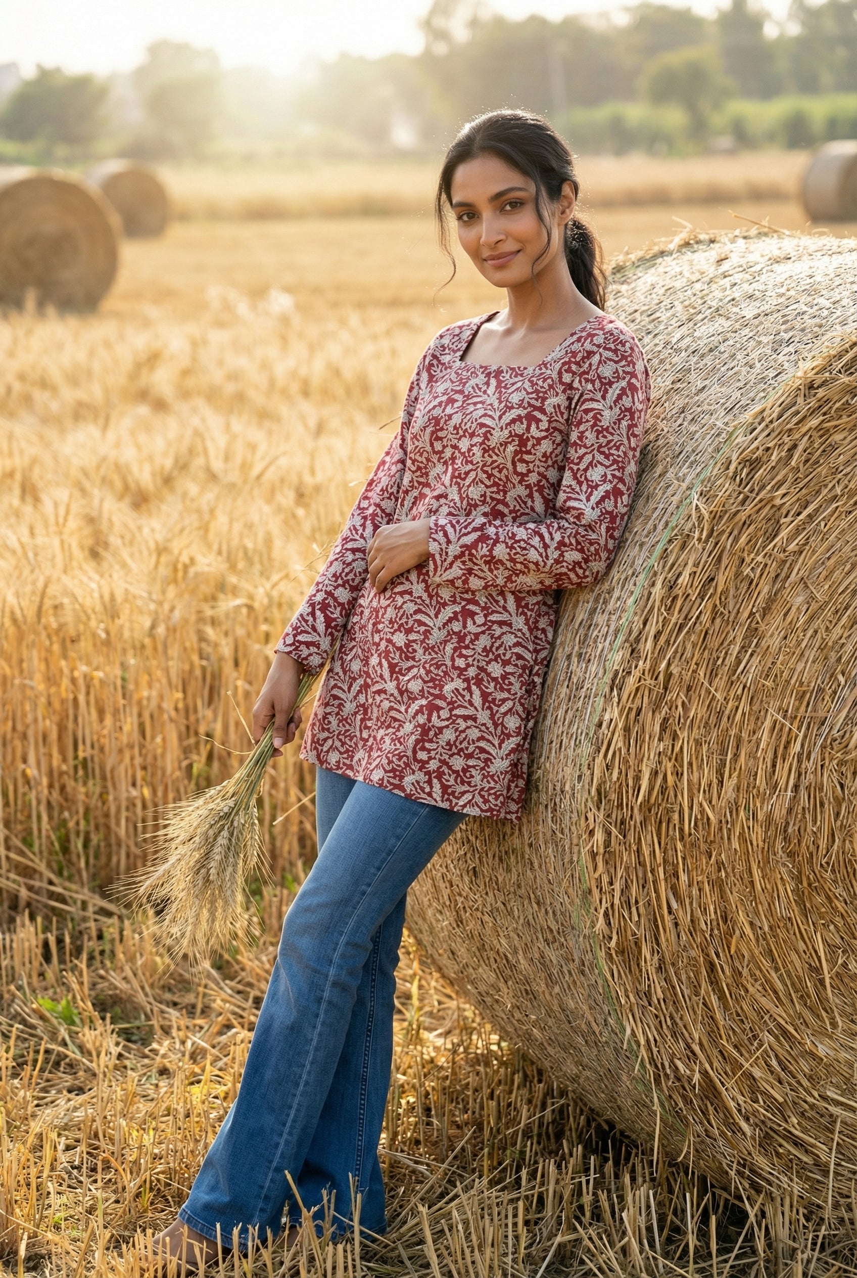 Red Floral Print Square Neck Full Sleeve Cotton Top for Women