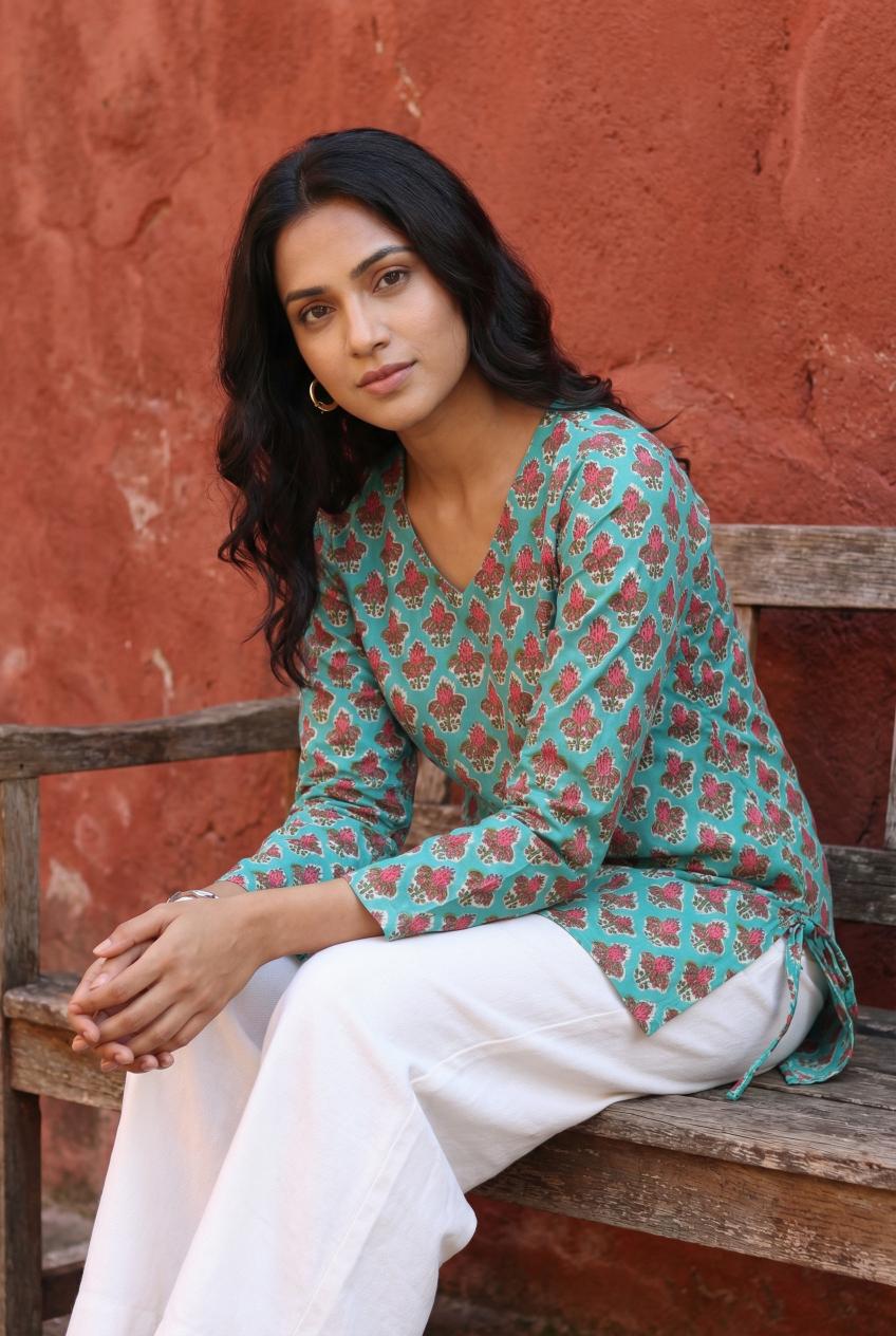 Sea Green V-Neck Floral Print Cotton Top For Women