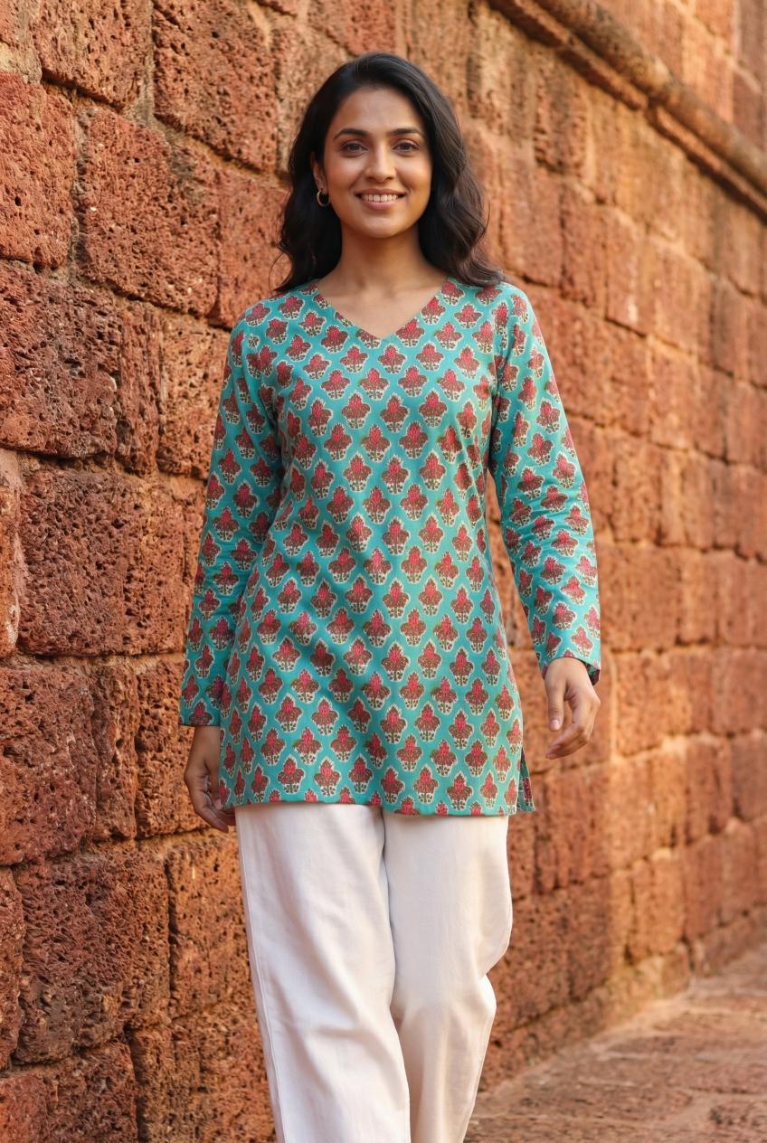 Sea Green V-Neck Floral Print Cotton Top For Women