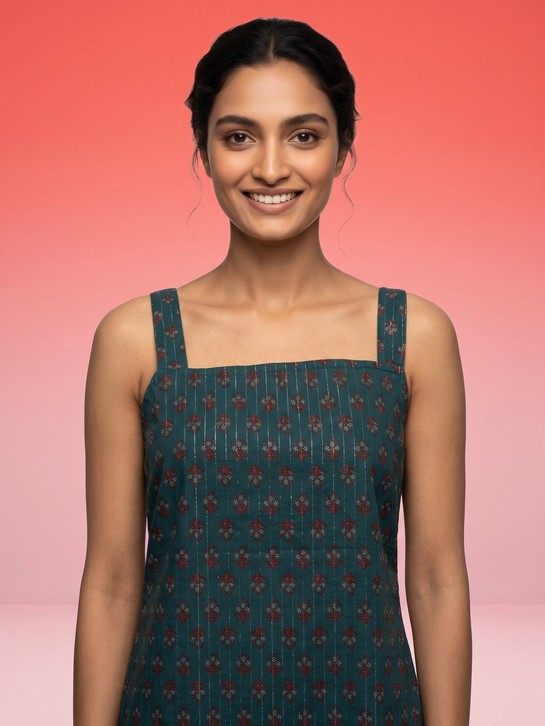 Green Square Neck Ethnic Motif Cotton Top For Women