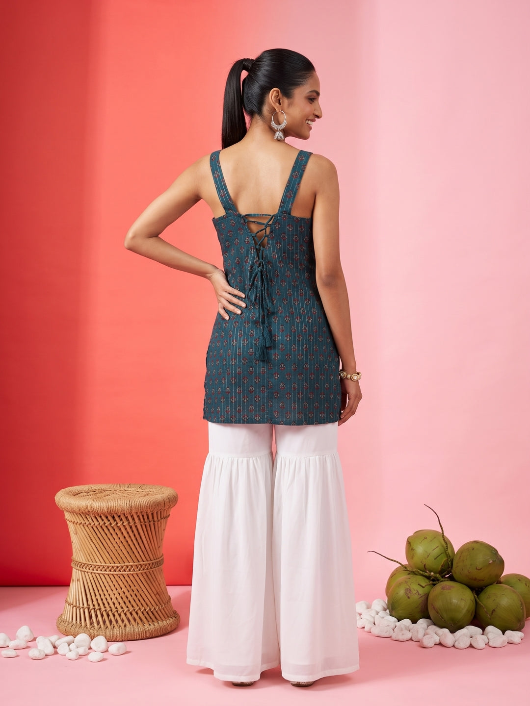 Green Square Neck Ethnic Motif Cotton Top For Women