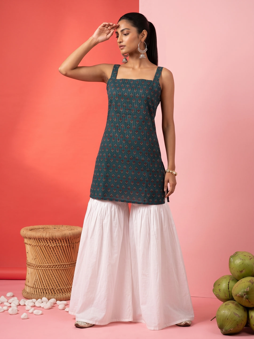 Green Square Neck Ethnic Motif Cotton Top For Women