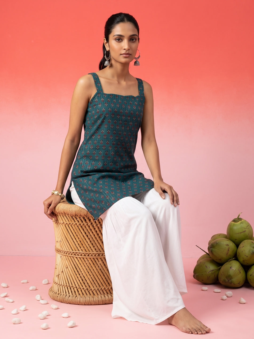 Green Square Neck Ethnic Motif Cotton Top For Women