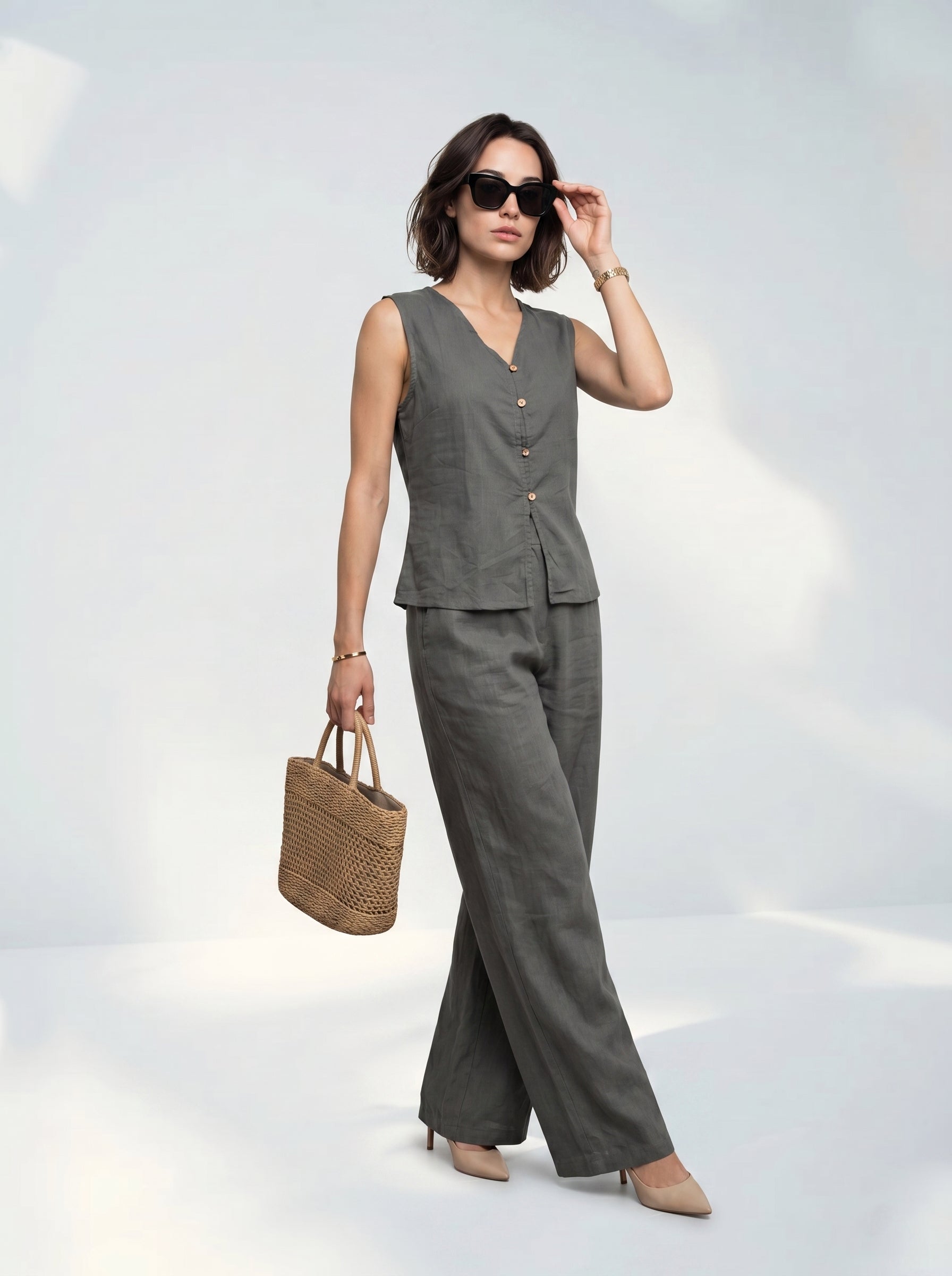 Grey V-Neck Solid Pure Cotton Top For Women