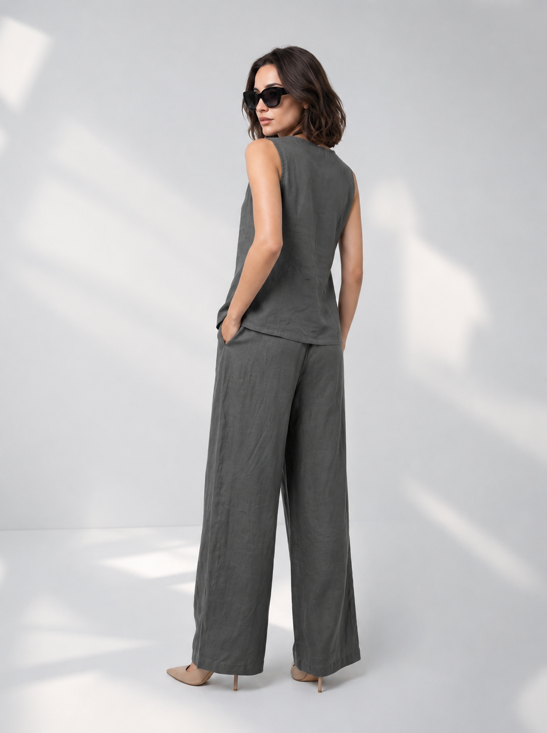 Grey V-Neck Solid Pure Cotton Top For Women