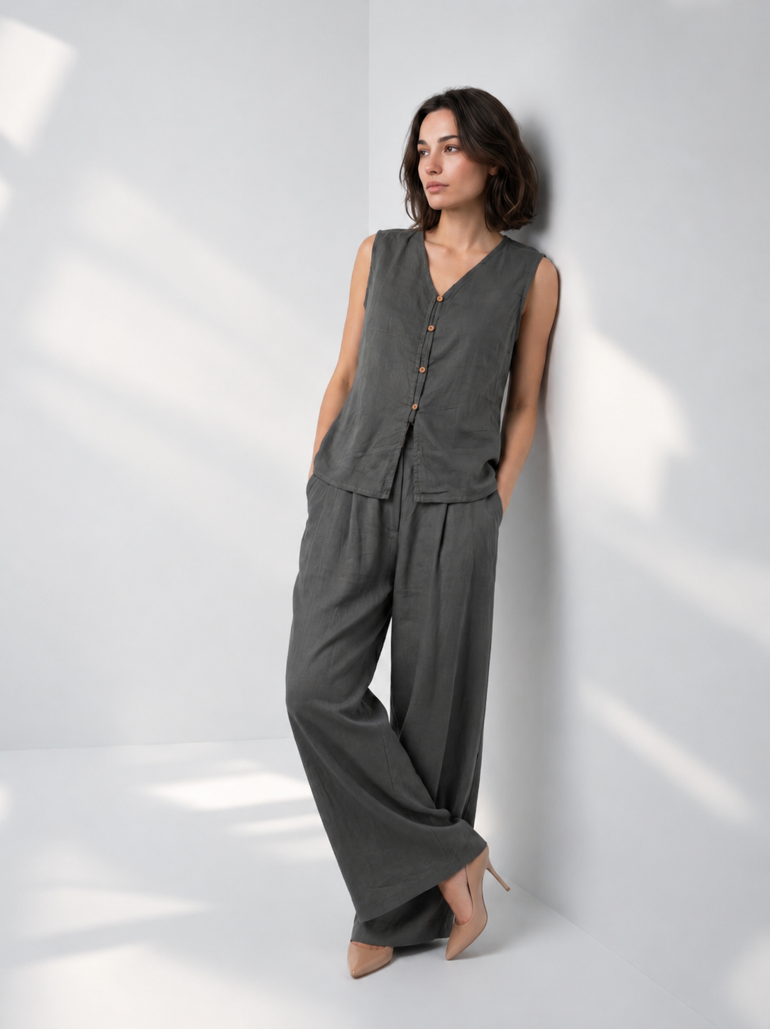 Grey V-Neck Solid Pure Cotton Top For Women
