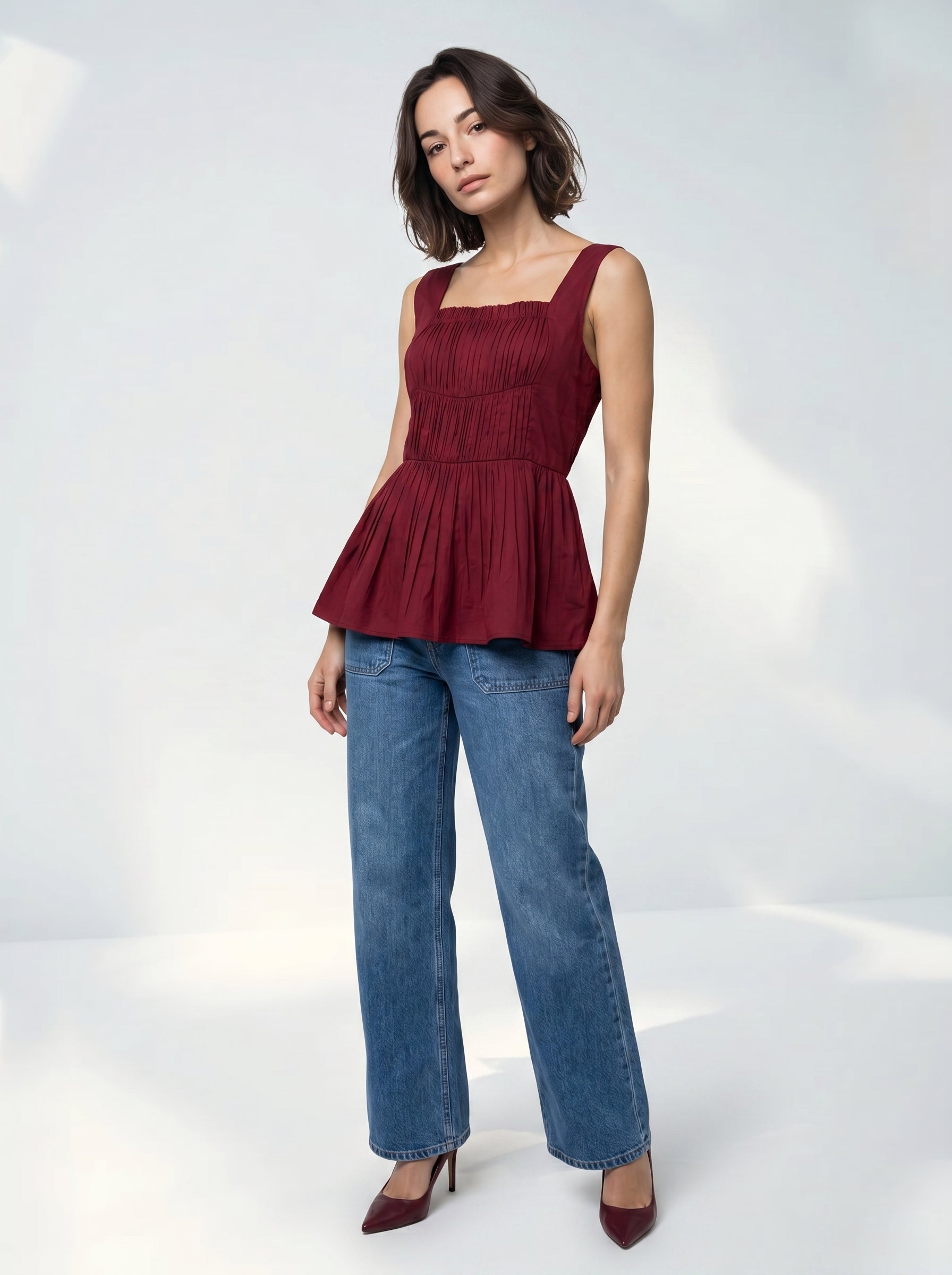 Red Solid Square Neck Sleeveless Top for Women