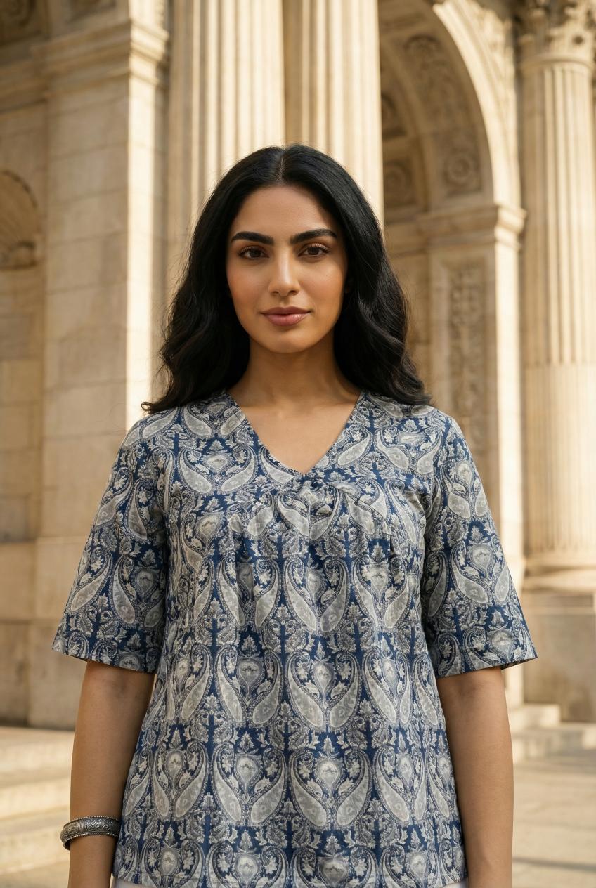 Navy Blue V-Neck Ethnic Motifs Print Pure Cotton Top For Women