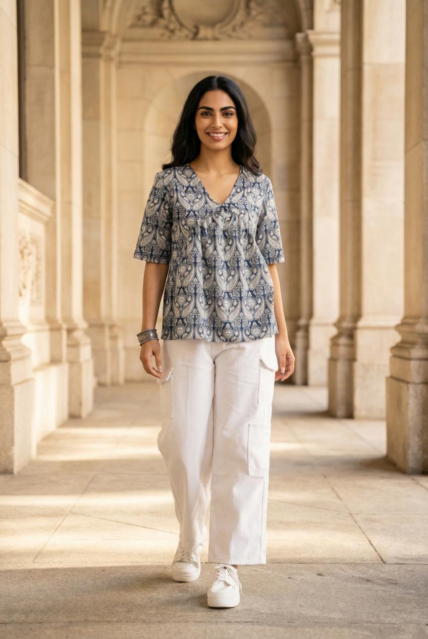 Navy Blue V-Neck Ethnic Motifs Print Pure Cotton Top For Women