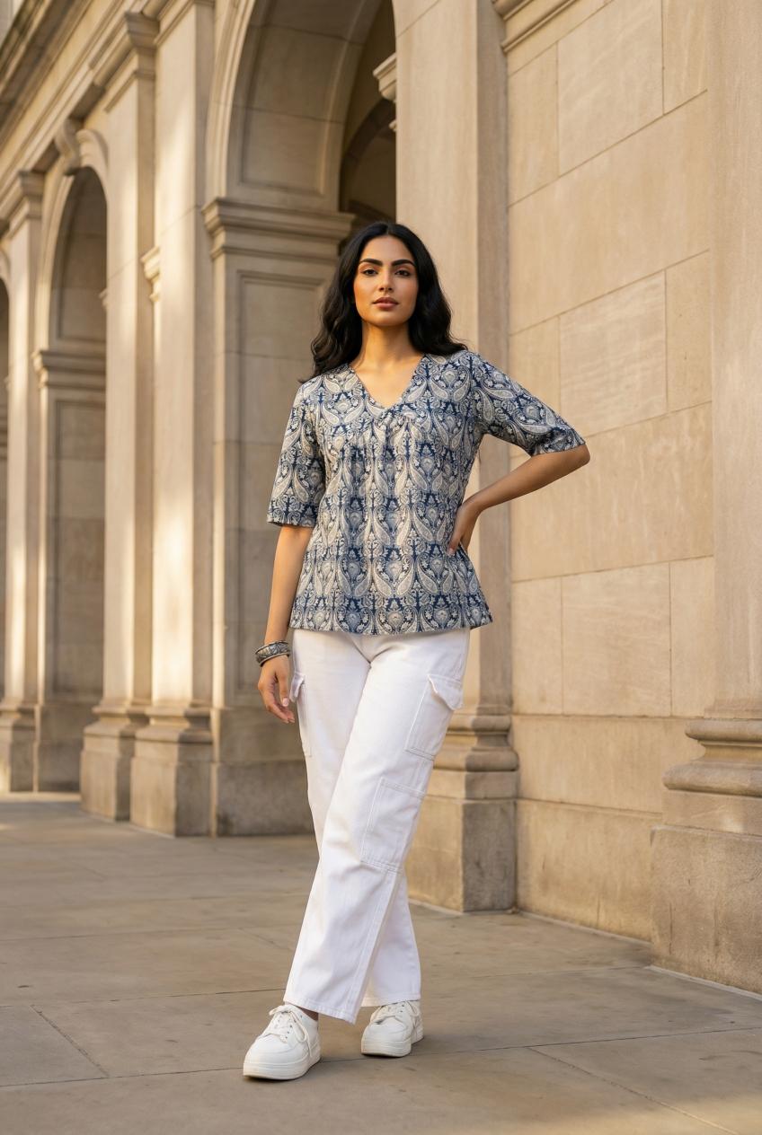 Navy Blue V-Neck Ethnic Motifs Print Pure Cotton Top For Women
