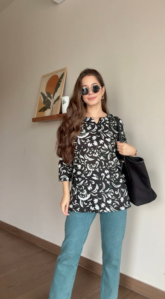 Black Floral Printed Round Neck Cotton Top for Women
