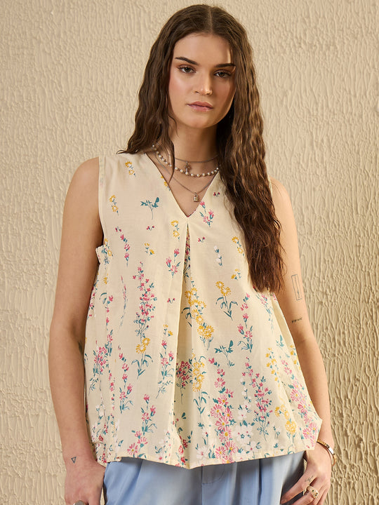 White Floral Printed Top for Women