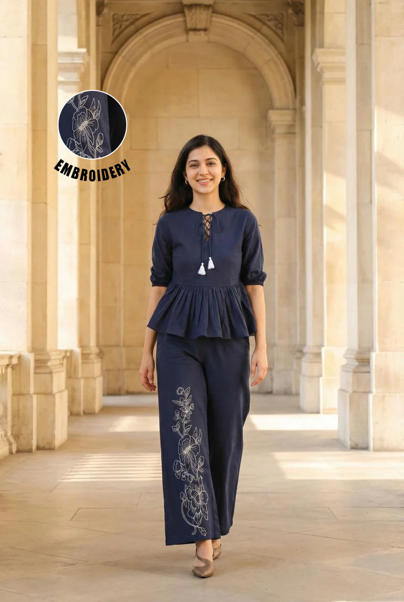 Blue Round Neck Solid Print Pure Cotton Co-Ords Set For Women