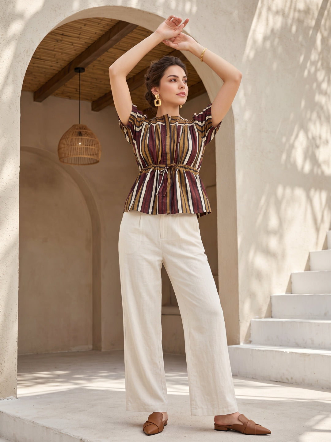 Beige Round Neck Cotton Stipes Print Top For Women