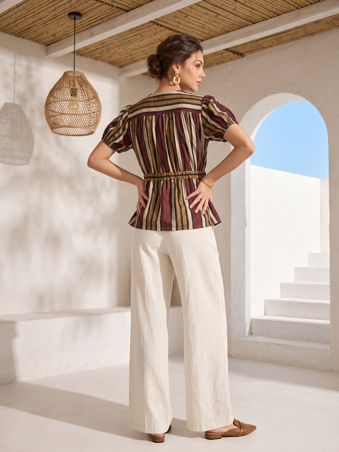 Beige Round Neck Cotton Stipes Print Top For Women