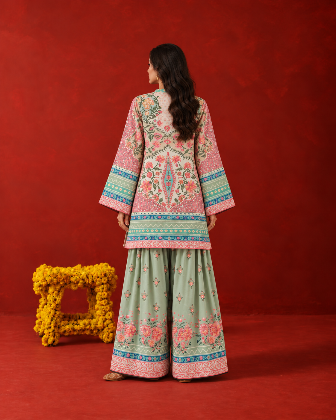 Sea Green Floral & Paisley Print V-Neck Farshi Salwar Suit Co-Ord Set For Women