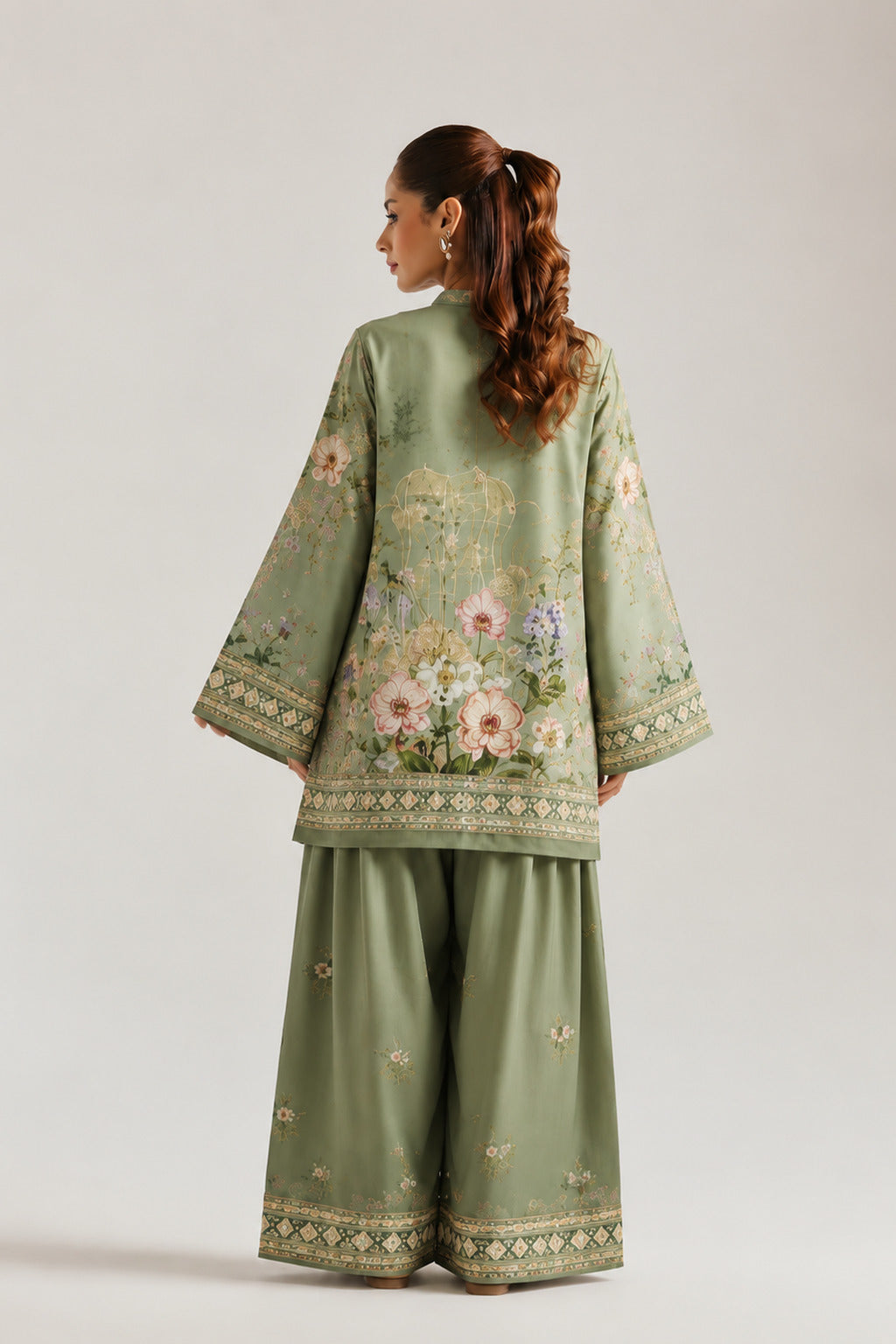 Sage Green Botanical Floral Print Tunic & Farshi Salwar Co-Ord Set