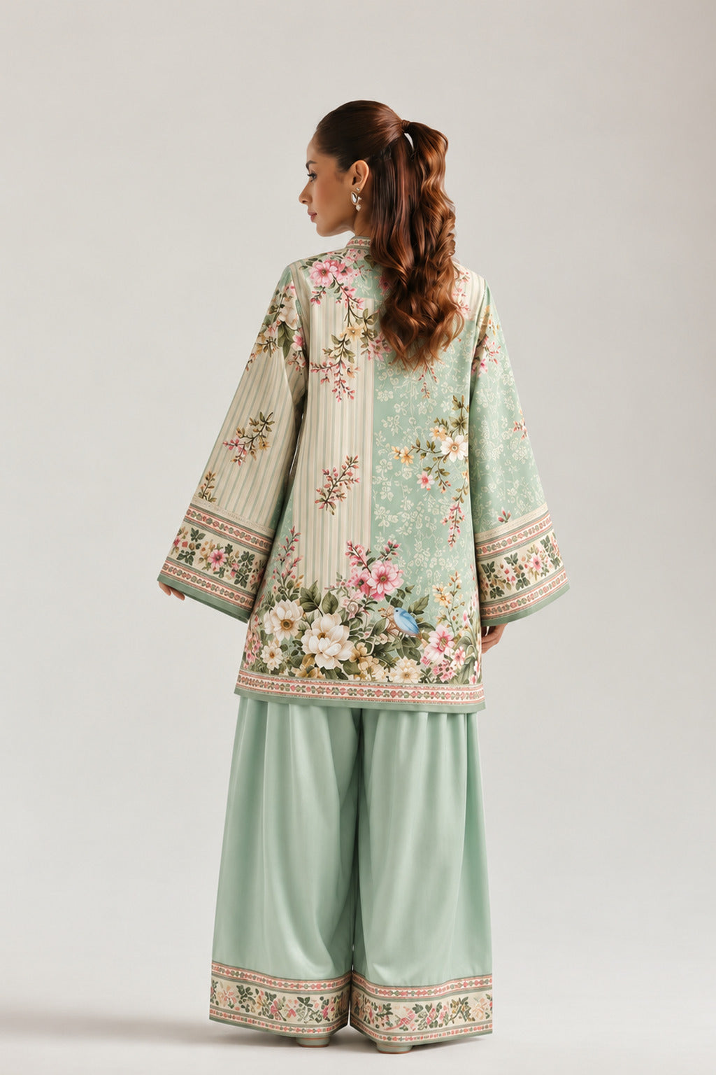 Mint Green Pastel Floral & Striped Tunic With Farshi Salwar Co-Ord Set