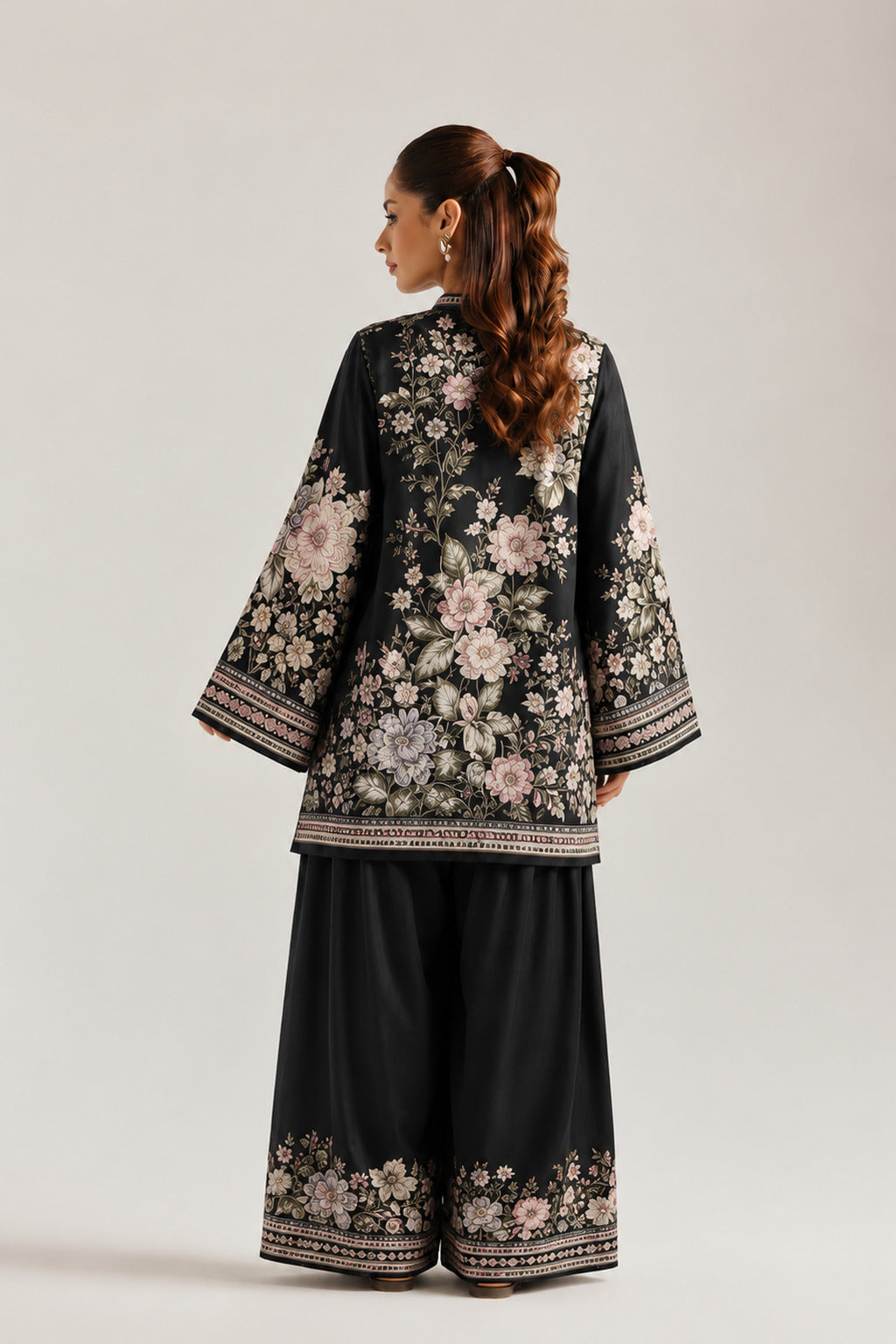 Black Nocturnal Floral Print Tunic & Farshi Salwar Co-Ord Set For Women