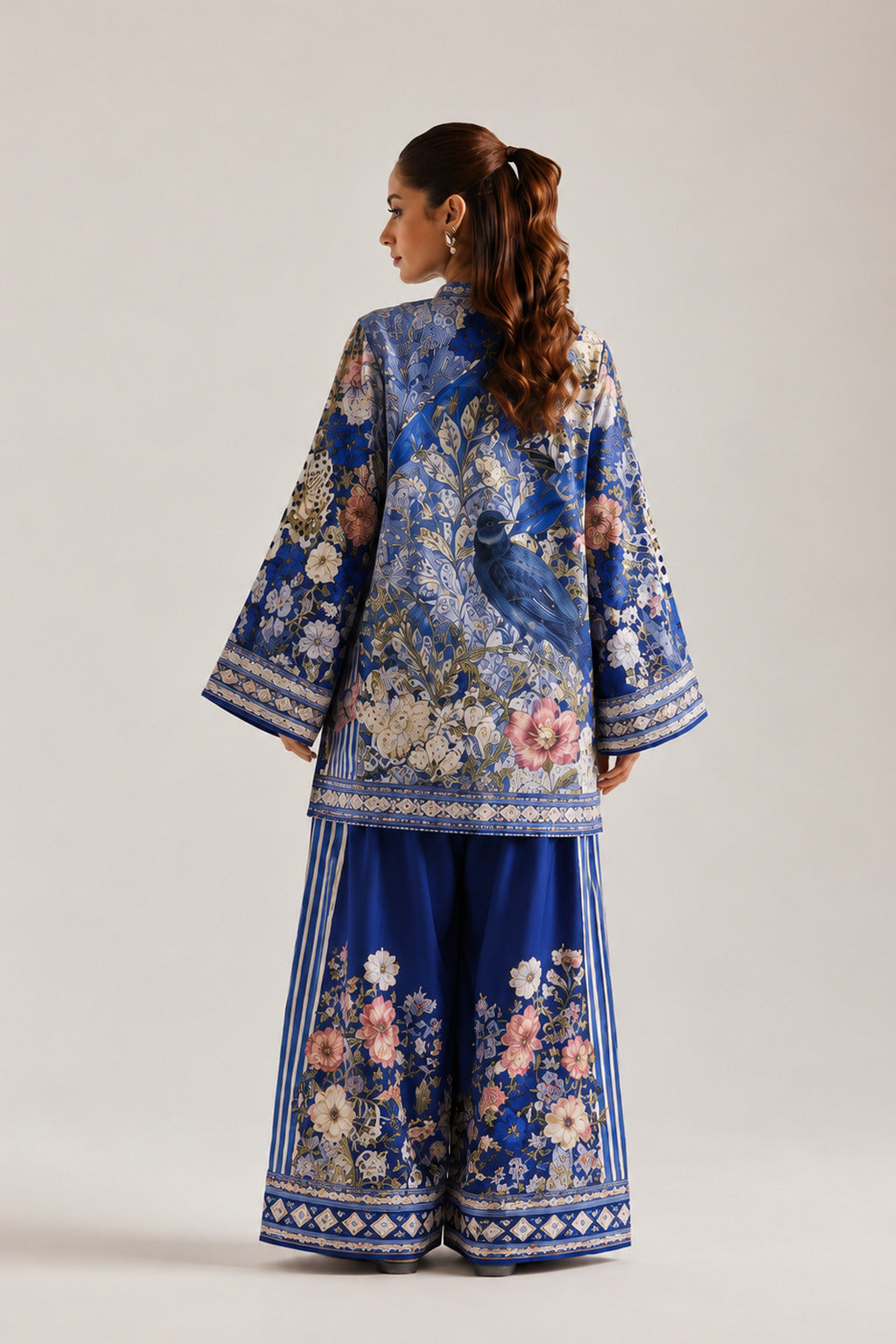Blue Botanical Floral & Striped Tunic & Farshi Salwar Co-Ord Set For Women