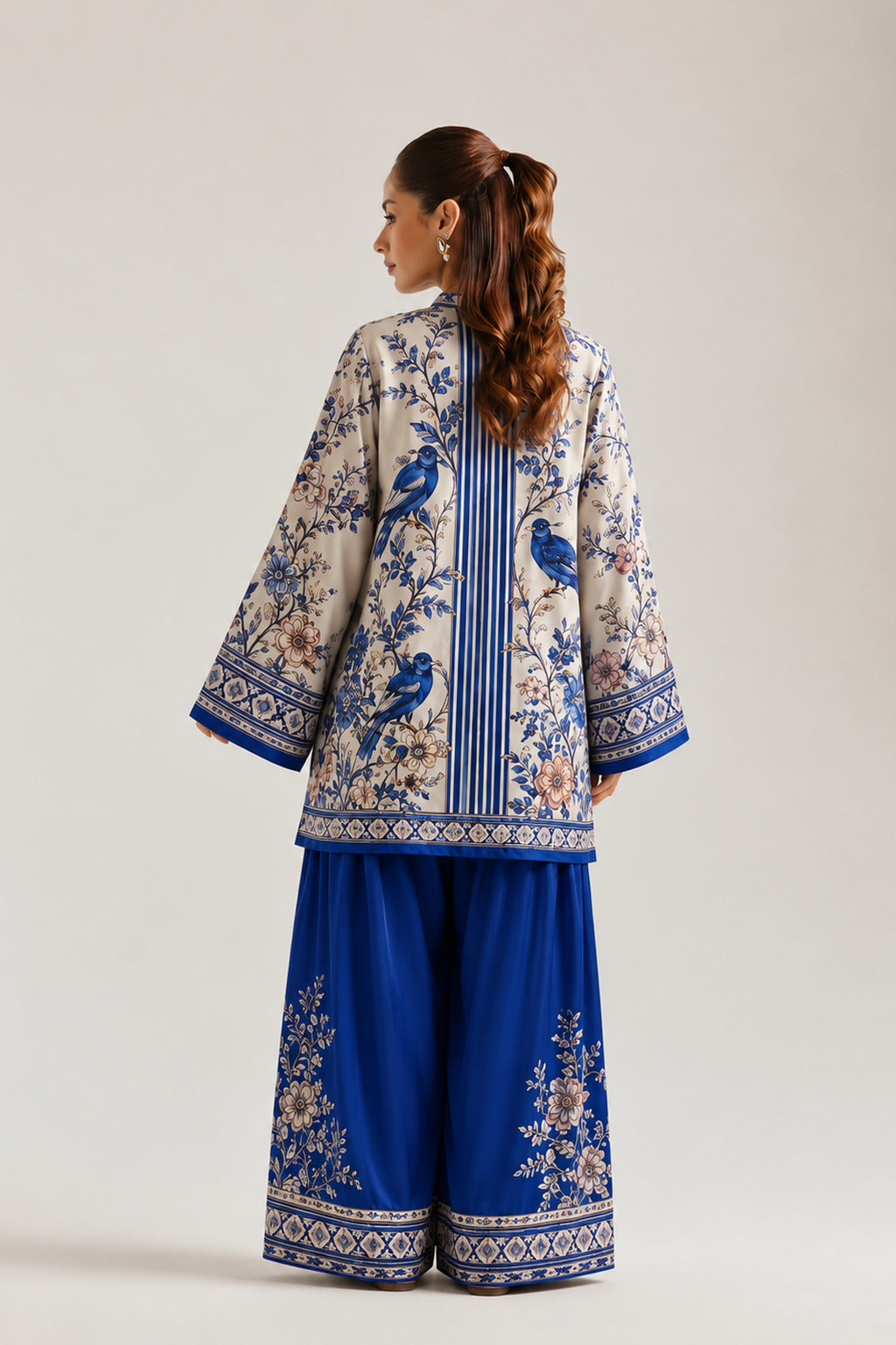 Blue Avian & Floral Print Tunic With Royal Blue Farshi Salwar Co-Ord Set