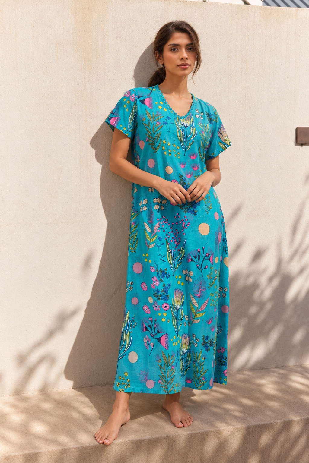 Blue V-Neck Floral Print Maxi Pure Cotton Nighty For Women