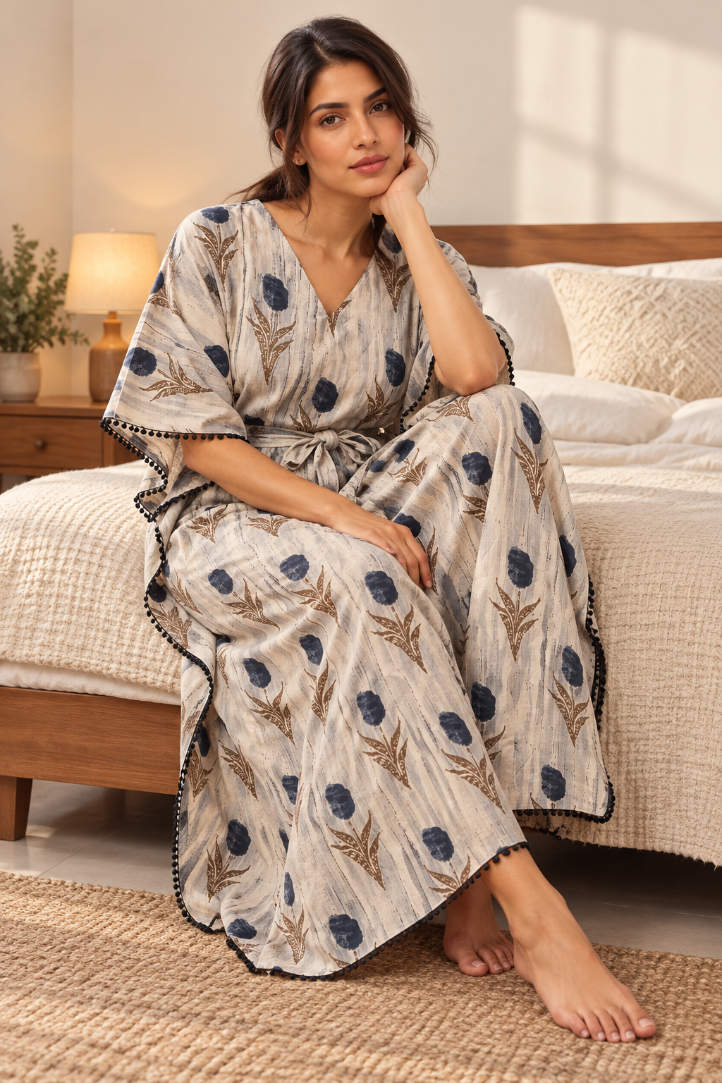 Grey Floral V-Neck Pure Cotton Kaftan Nighty For Women