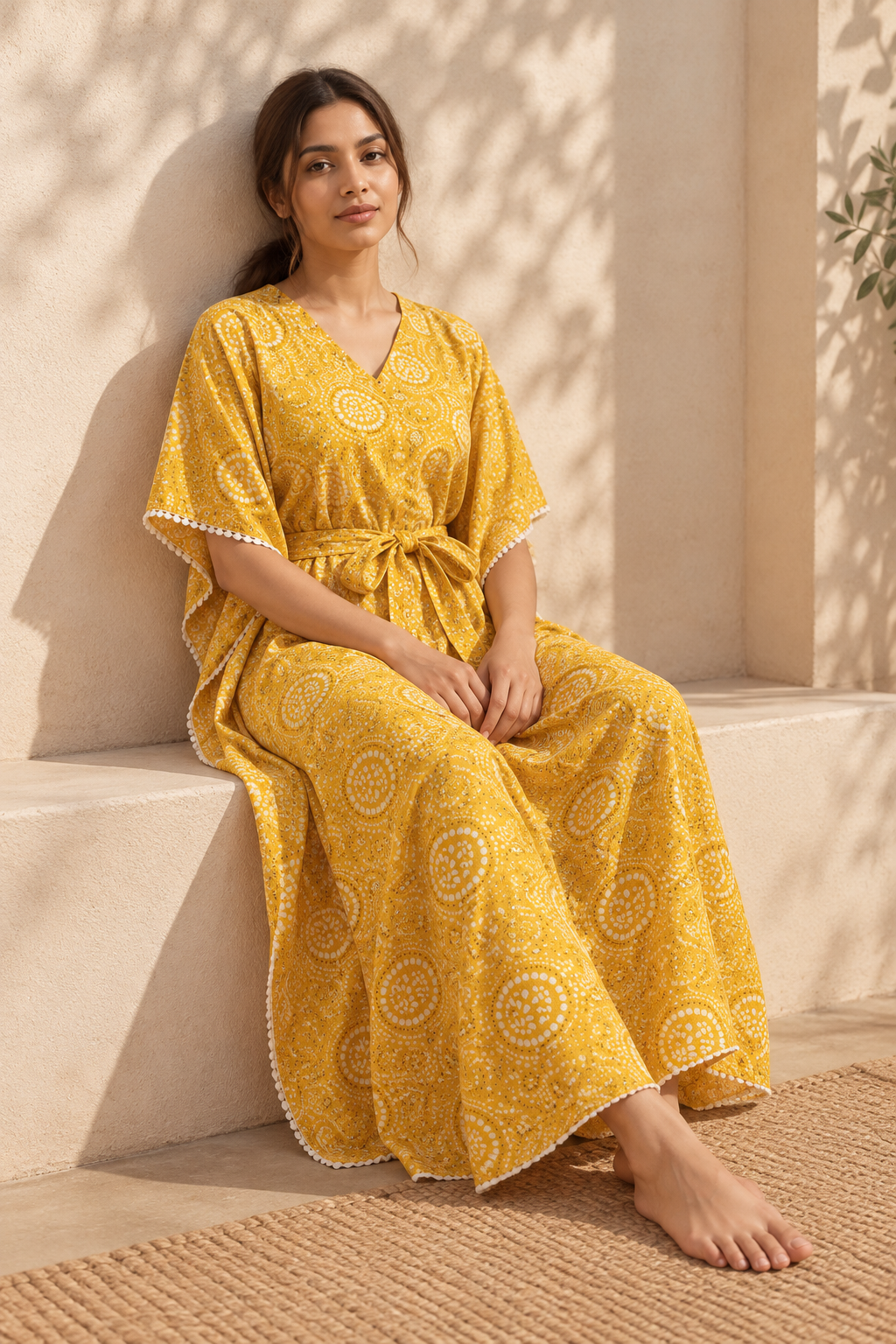 Yellow Ethnic Print Pure Cotton V-Neck Maxi Kaftan Nighty For Women